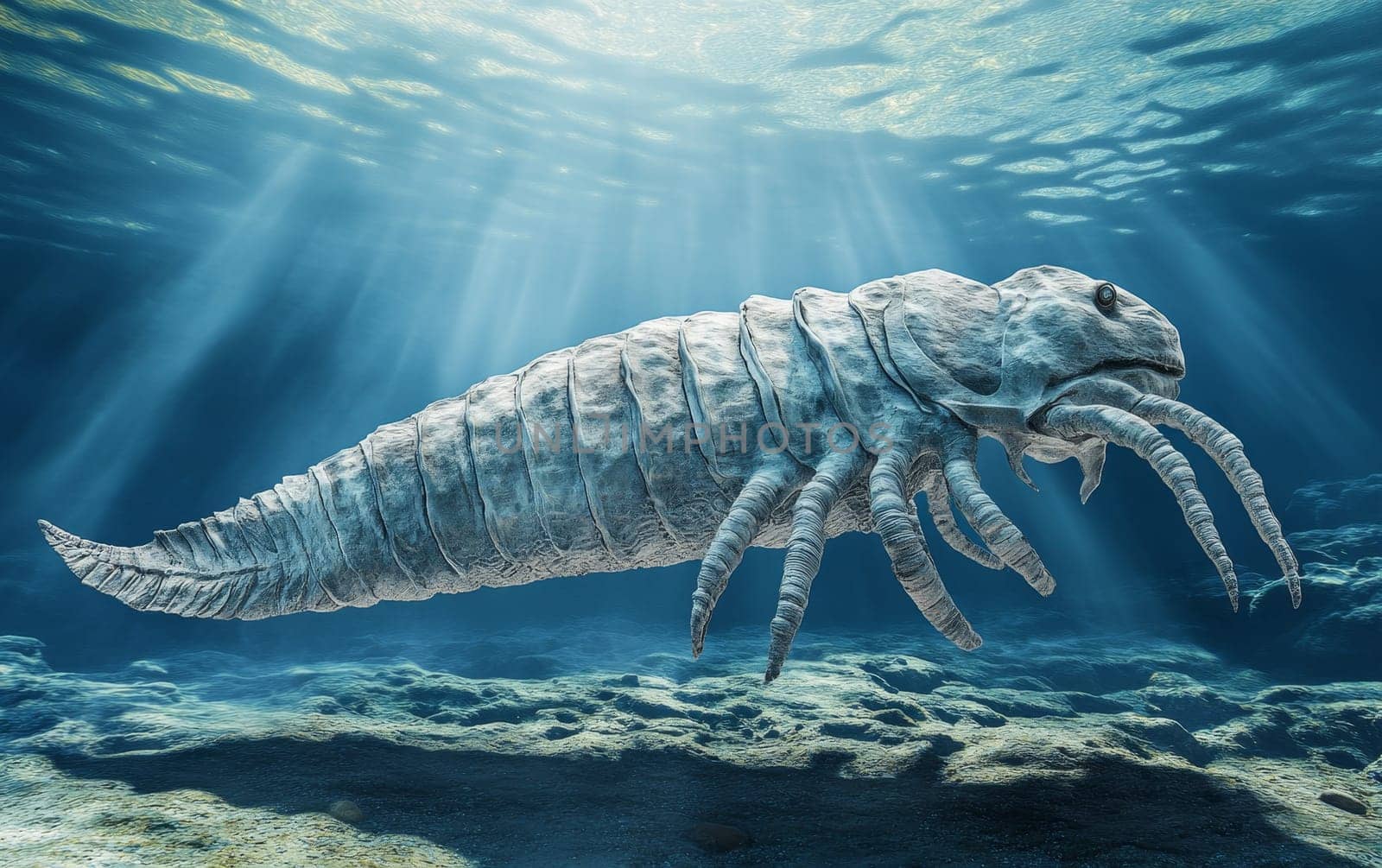 An Opabinia creature navigates the shimmering, crystalline depths of the ancient ocean, its unusual form and array of sensory appendages perfectly suited to its mysterious, otherworldly habitat.