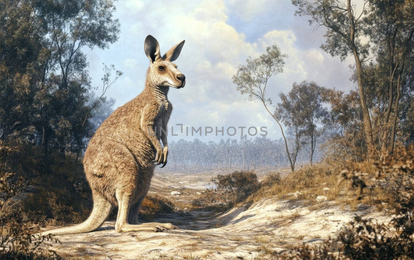 A Procoptodon kangaroo bounds gracefully through the dense, golden-hued scrublands, its massive hind legs propelling it with effortless power and agility across the rugged, sun-baked terrain.