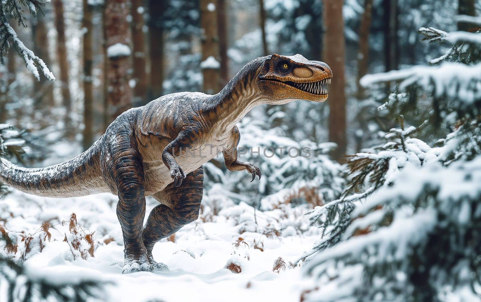 A Yutyrannus, its reddish-brown plumage glistening with snowflakes, emerges from a haze of swirling mist and falling snow, its penetrating gaze and formidable presence commanding the awe.