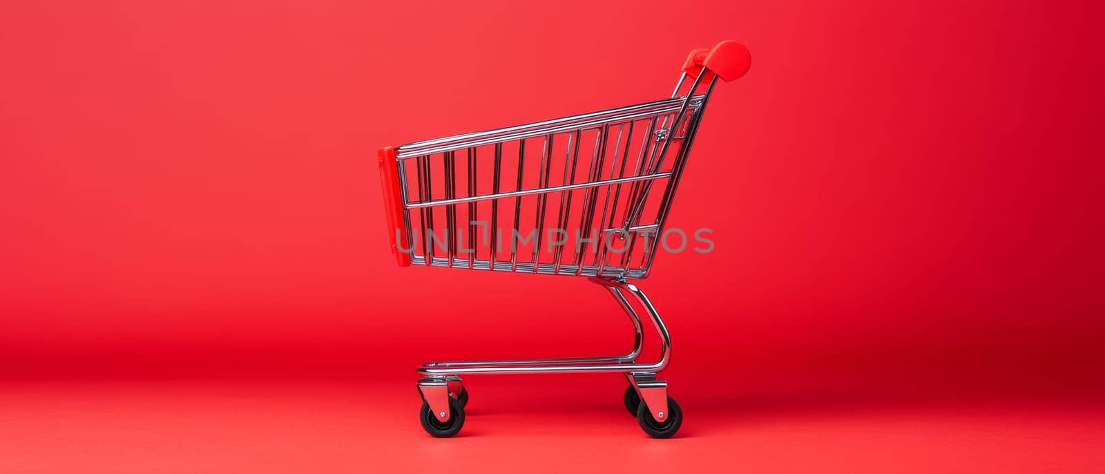 A minimalistic red shopping cart against a solid red background, ideal for retail concepts and copy space. Black Friday sale concept with place for text.