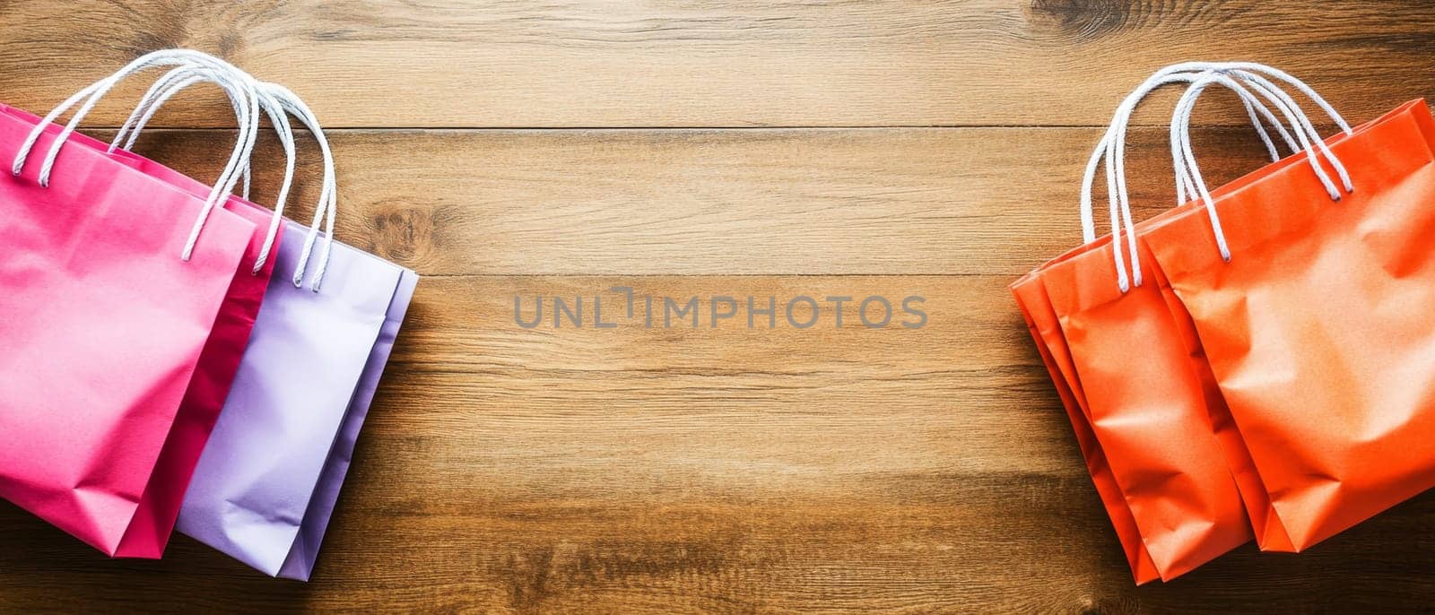 Bright shopping bags in pink, purple, and orange on a wooden surface, providing ample space for text or branding. Black Friday sale concept with place for text.
