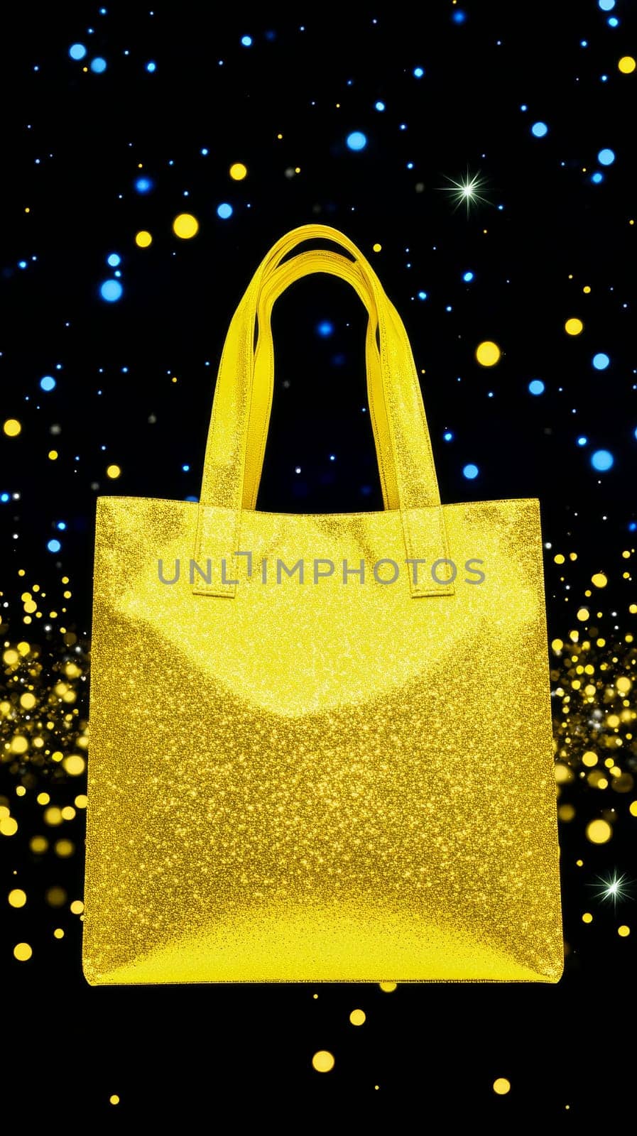 A sparkling yellow bag glitters against a dark background with colorful sparkles, offering elegant and festive copy space. Black Friday sale concept with place for text.