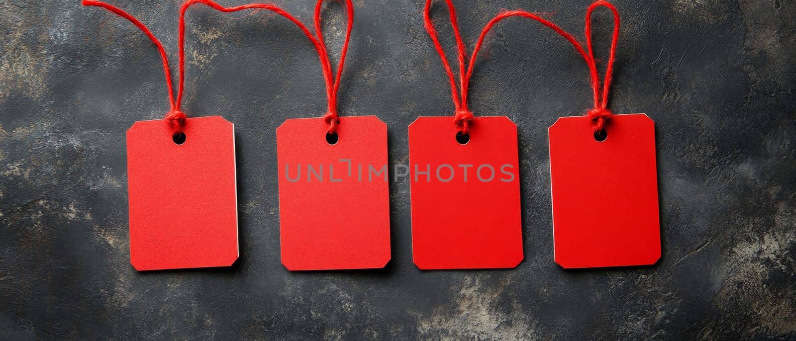 Red price tags with strings arranged on a dark textured surface, perfect for sales and promotions.