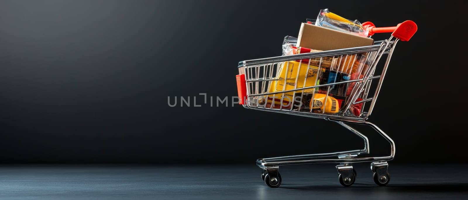 A shopping cart filled with various groceries on a dark background, offering copy space for text or branding needs. Black Friday sale concept with place for text.