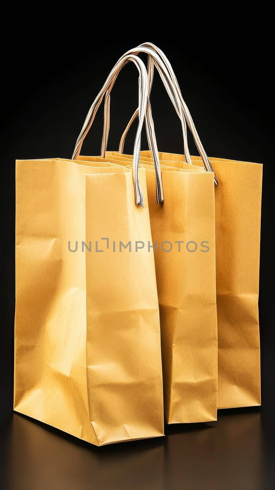 Three gold shopping bags with handles displayed against a black background, symbolizing luxury and retail.