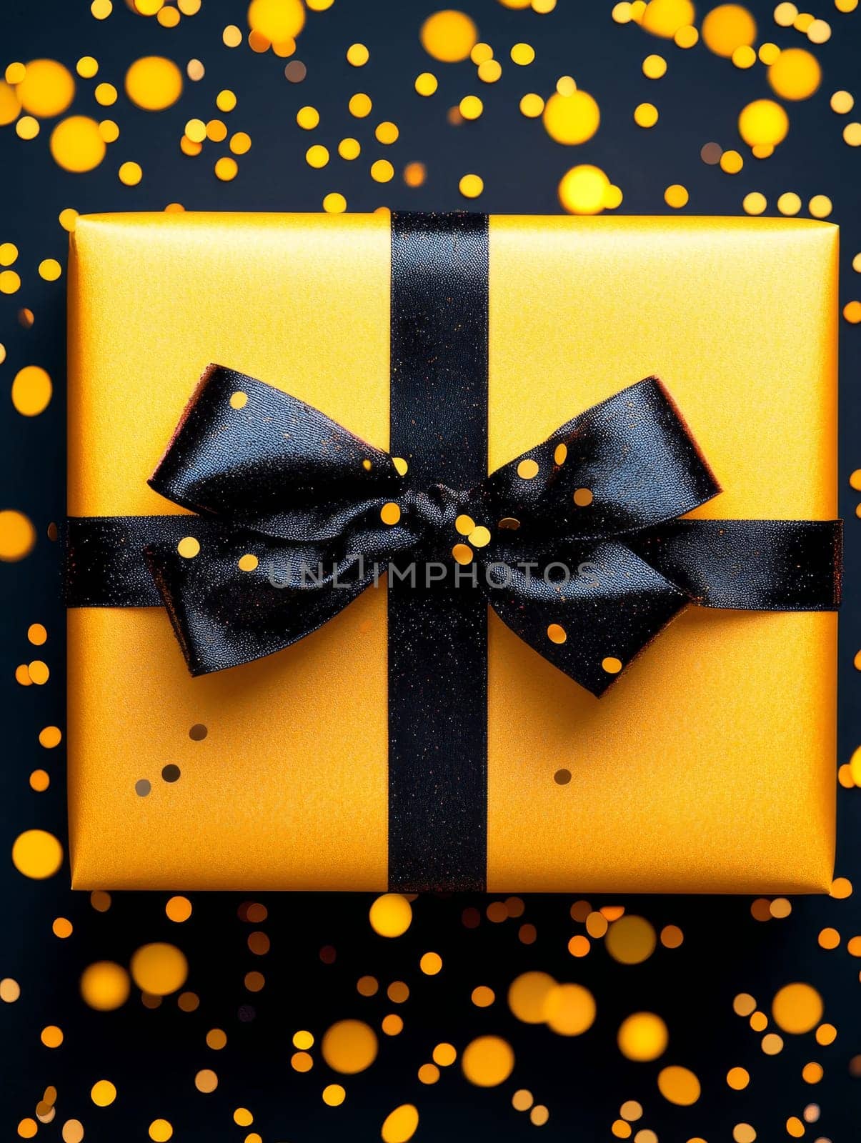 Shiny golden gift box adorned with a sleek black ribbon and bow, surrounded by festive glowing bokeh lights.