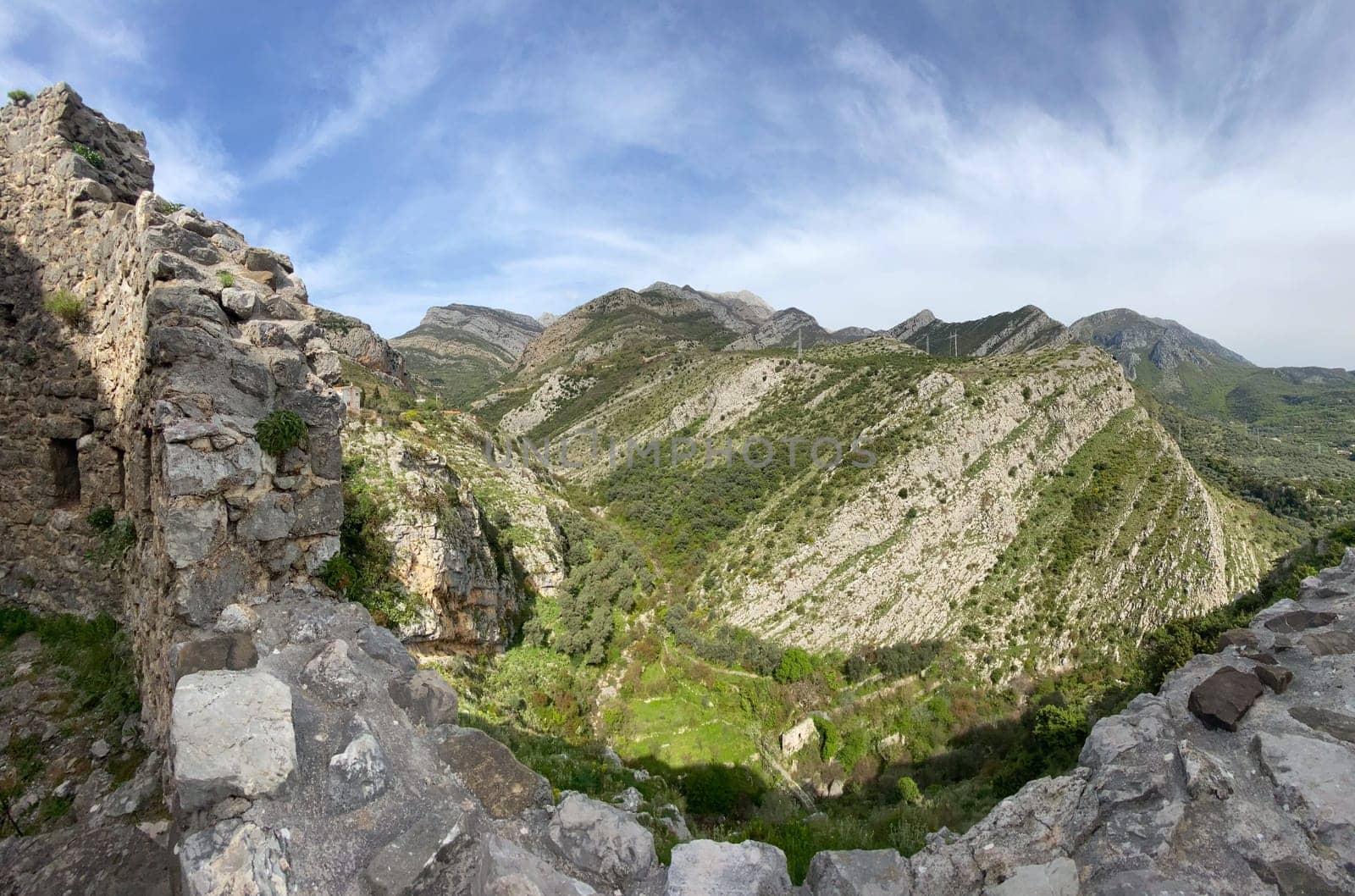 Mountain view from ancient fortress walls of Old Bar town. Montenegro, Europe