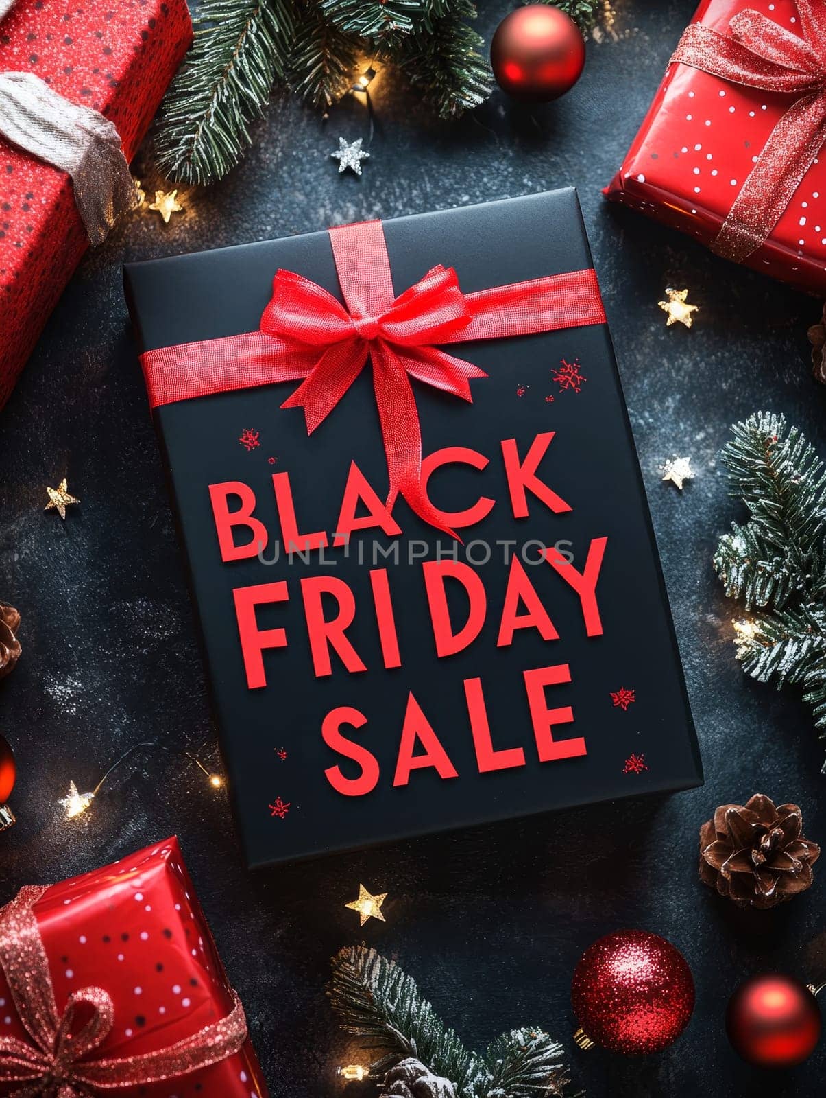Festive Black Friday Sale gift box with red ribbon surrounded by holiday decorations, creating a lively shopping atmosphere.