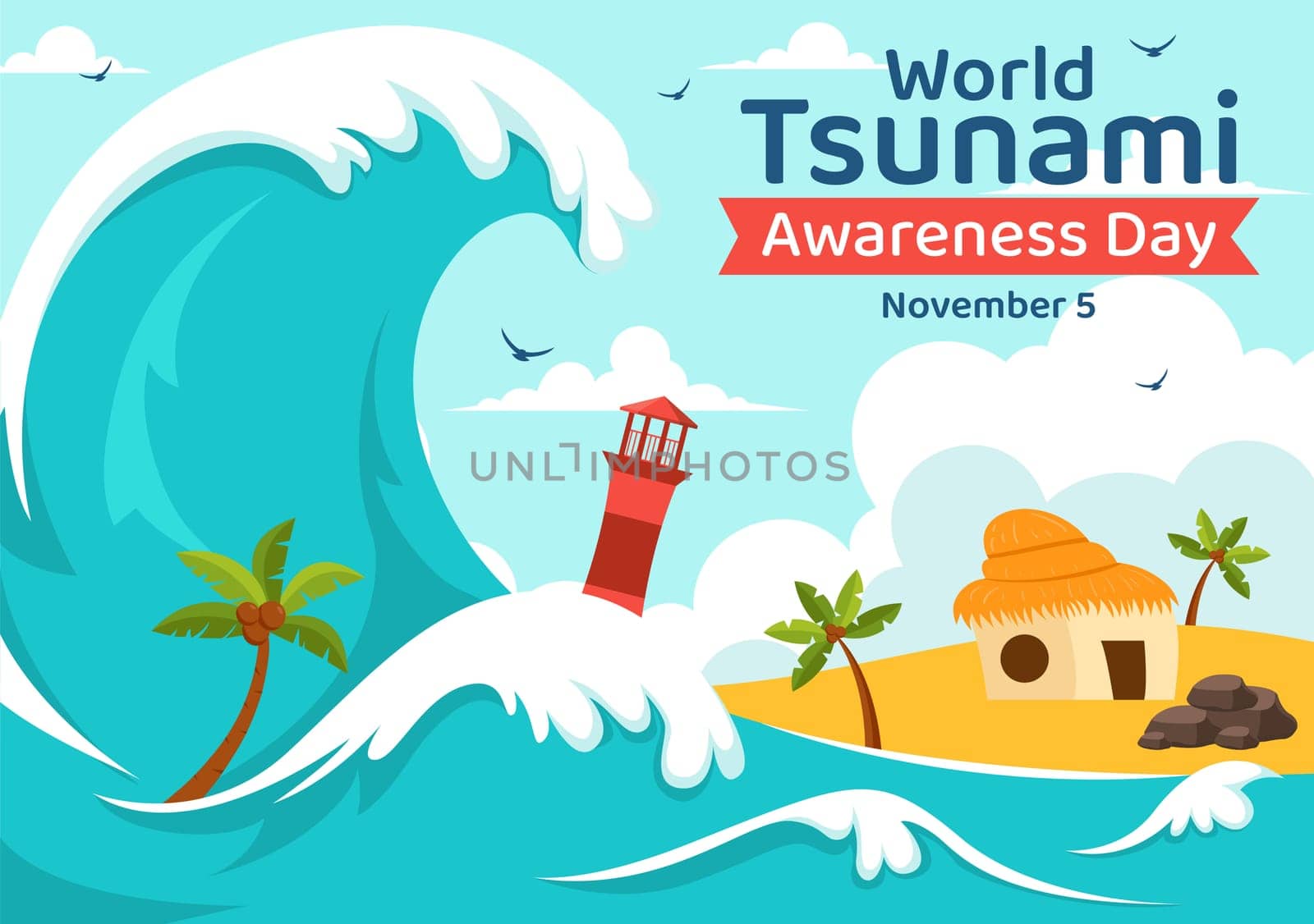 World Tsunami Awareness Day Vector Illustration on November 5, featuring Waves Crashing into Houses, Trees, and Buildings in a Flat Style Background