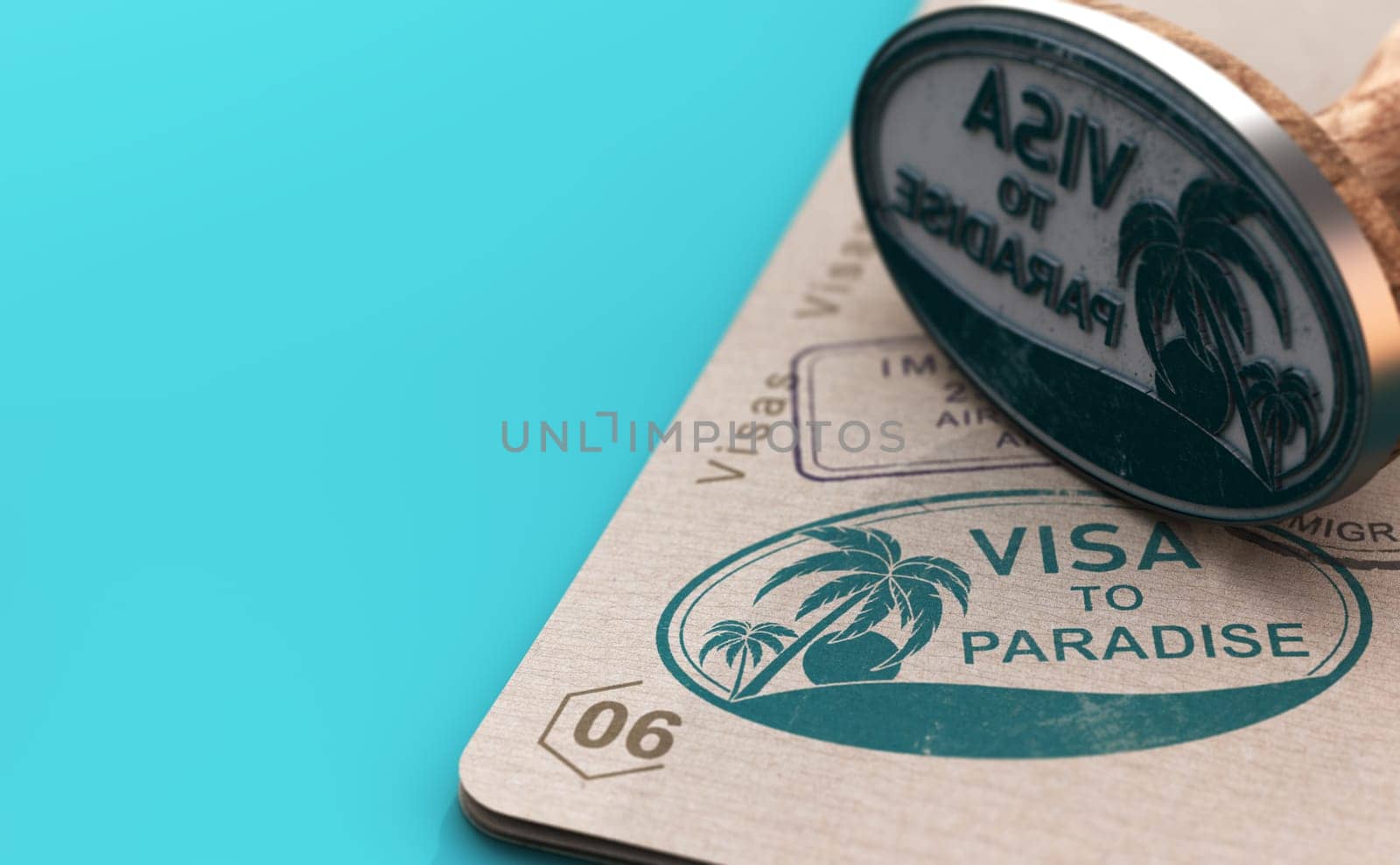 Rubber stamp and visa on a table. Concept of tropical destination vacation and travel to paradise. 3d illustration.