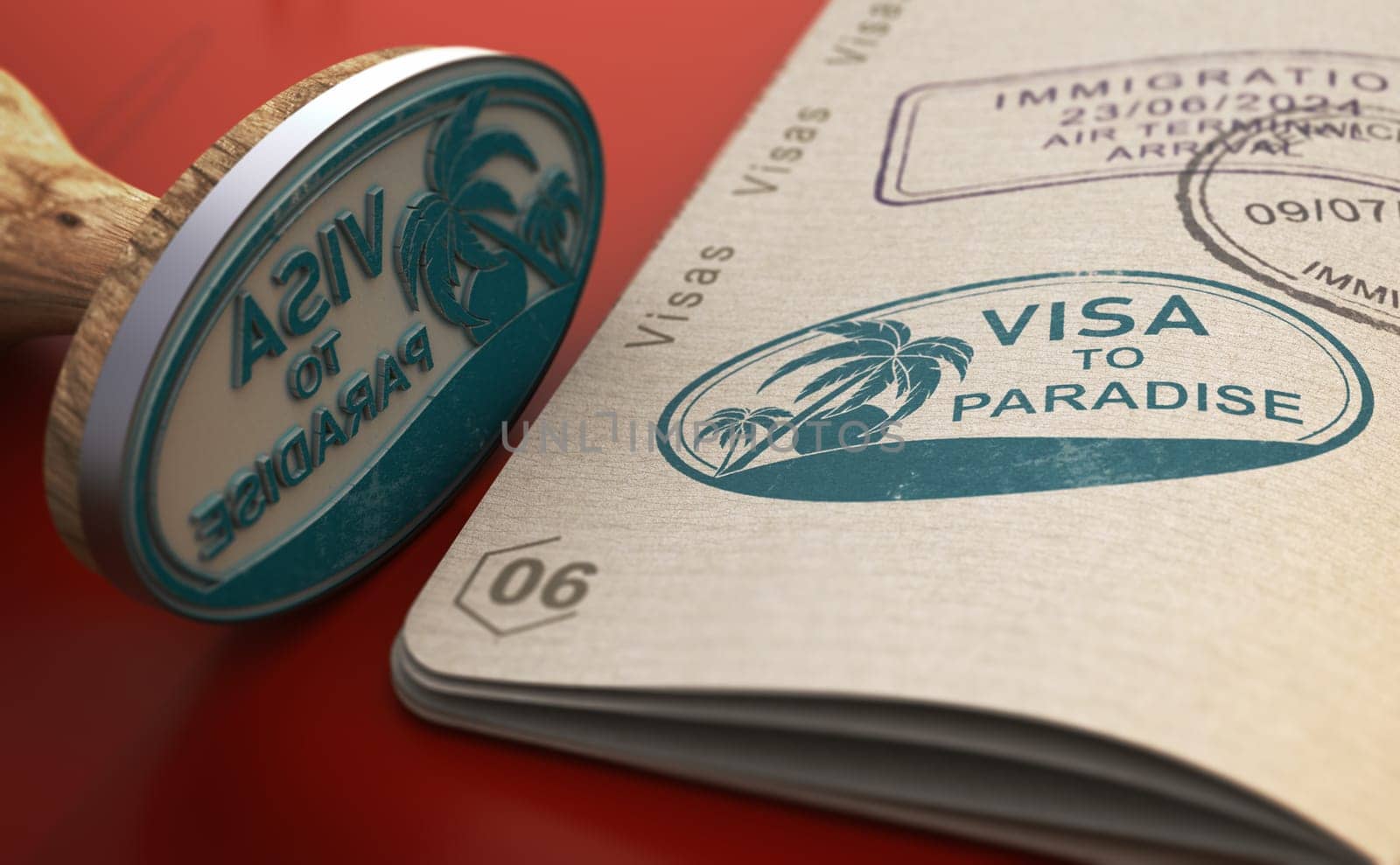 Rubber stamp and visa on a table. Concept of tropical destination vacation and travel to paradise. 3d illustration.