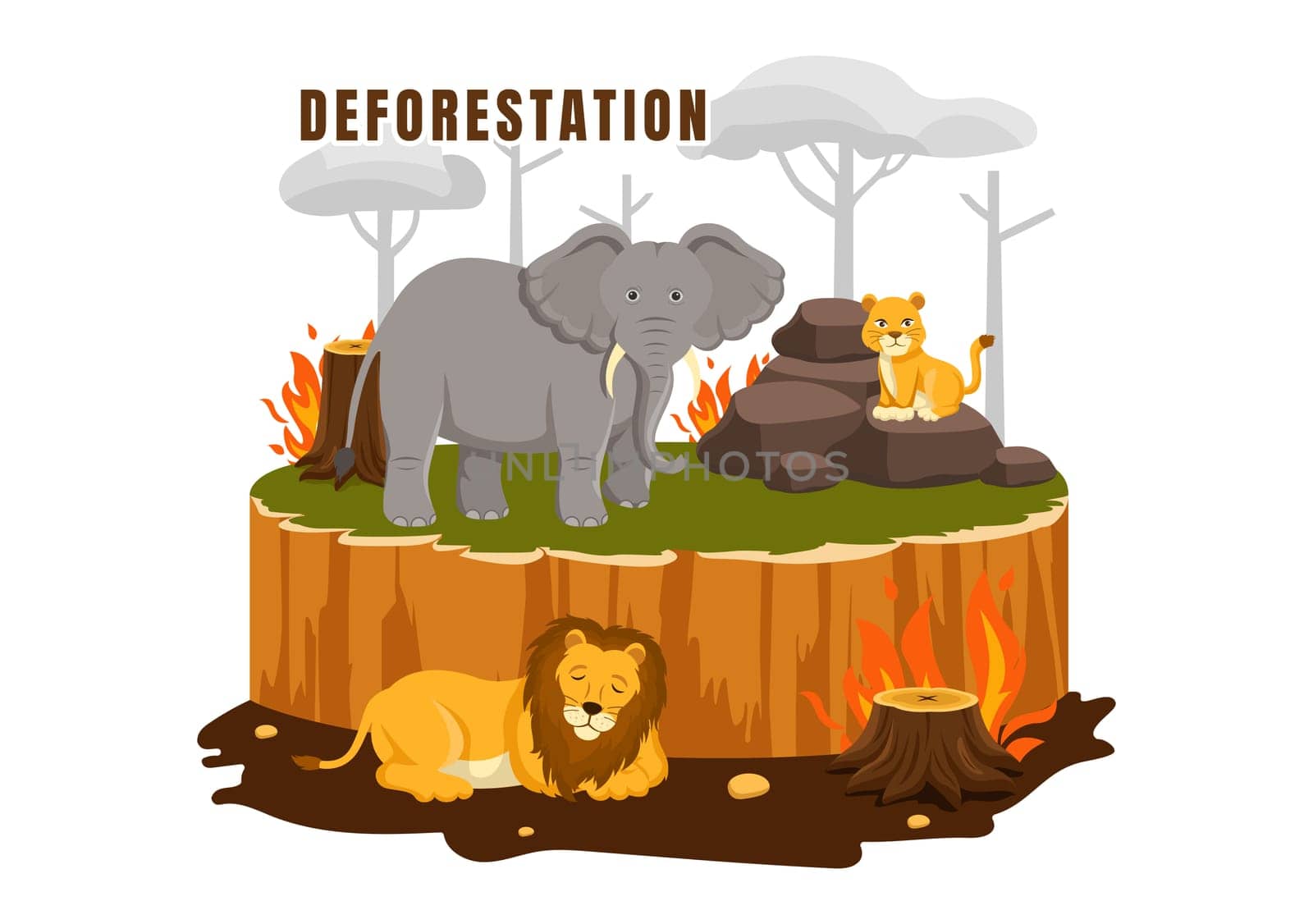 Deforestation Vector Illustration featuring a Felled Forest with Trees Burning, Creating Pollution and Leading to the Extinction of Animals