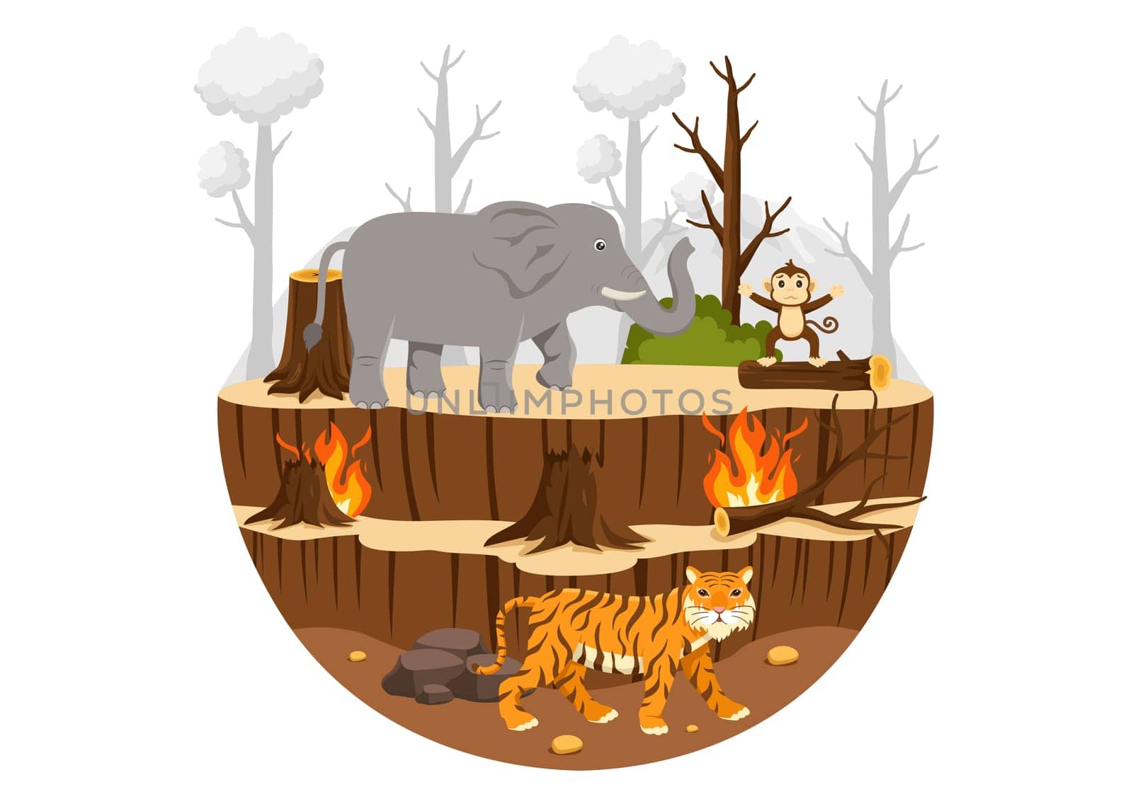 Deforestation Vector Illustration featuring a Felled Forest with Trees Burning, Creating Pollution and Leading to the Extinction of Animals