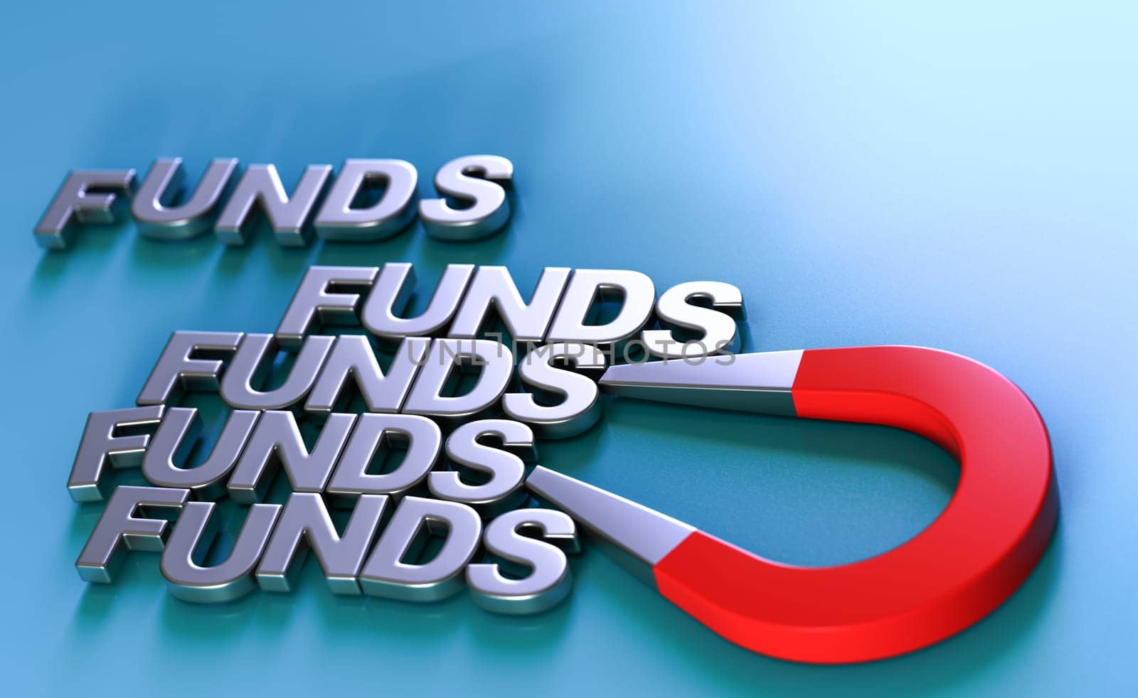 Funding campaign concept. Words funds attracted by a horseshoe magnet. 3d illustration