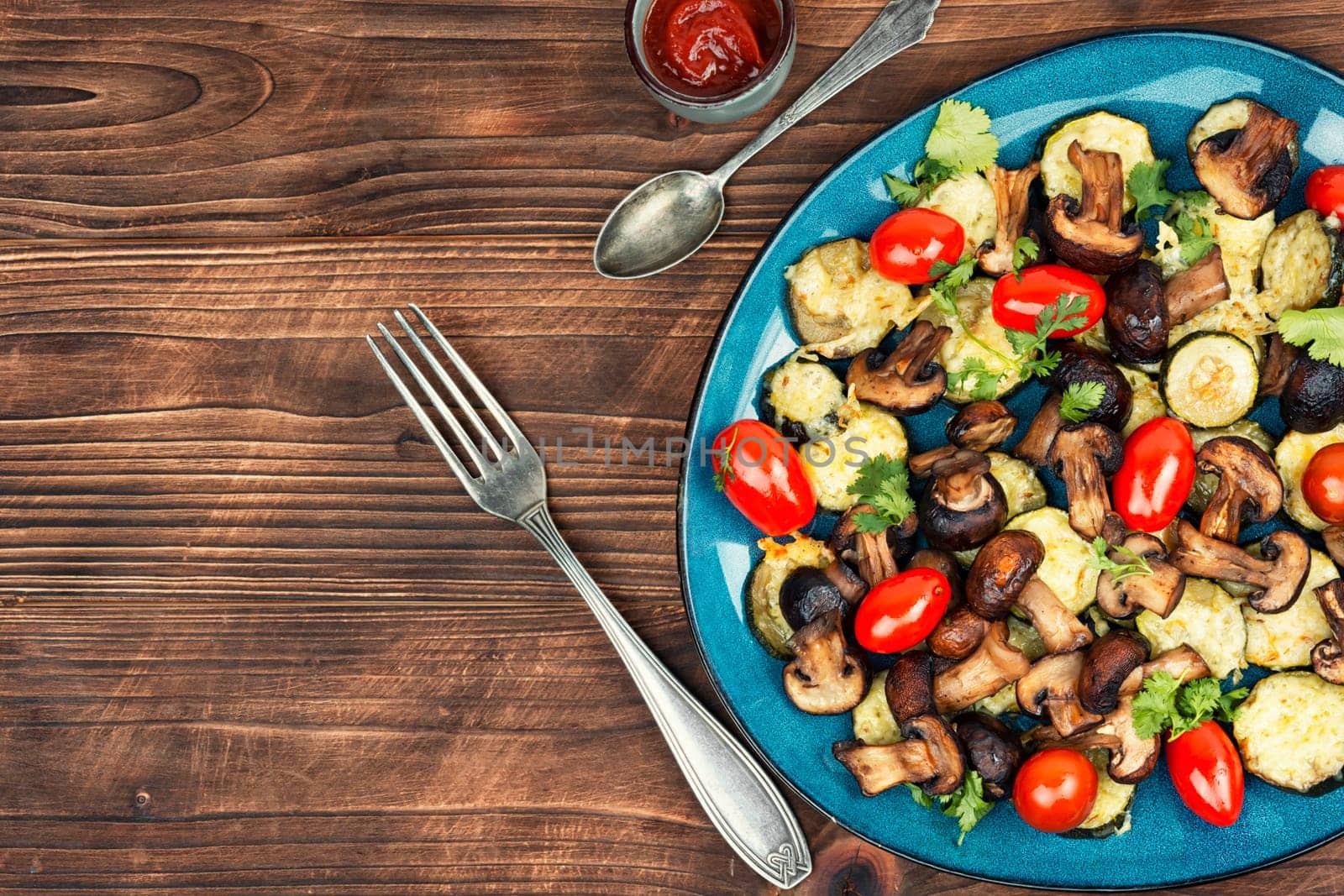 Mushrooms, zucchini and tomatoes baked in the oven on rustic wooden table. Space for text.