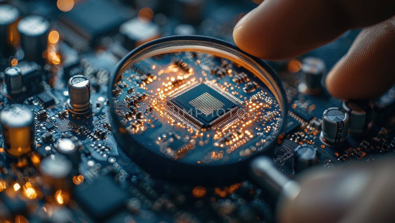 Close up of a hand examining a microchip on a circuit board with a magnifying glass. Concept of technology, electronics, and innovation.