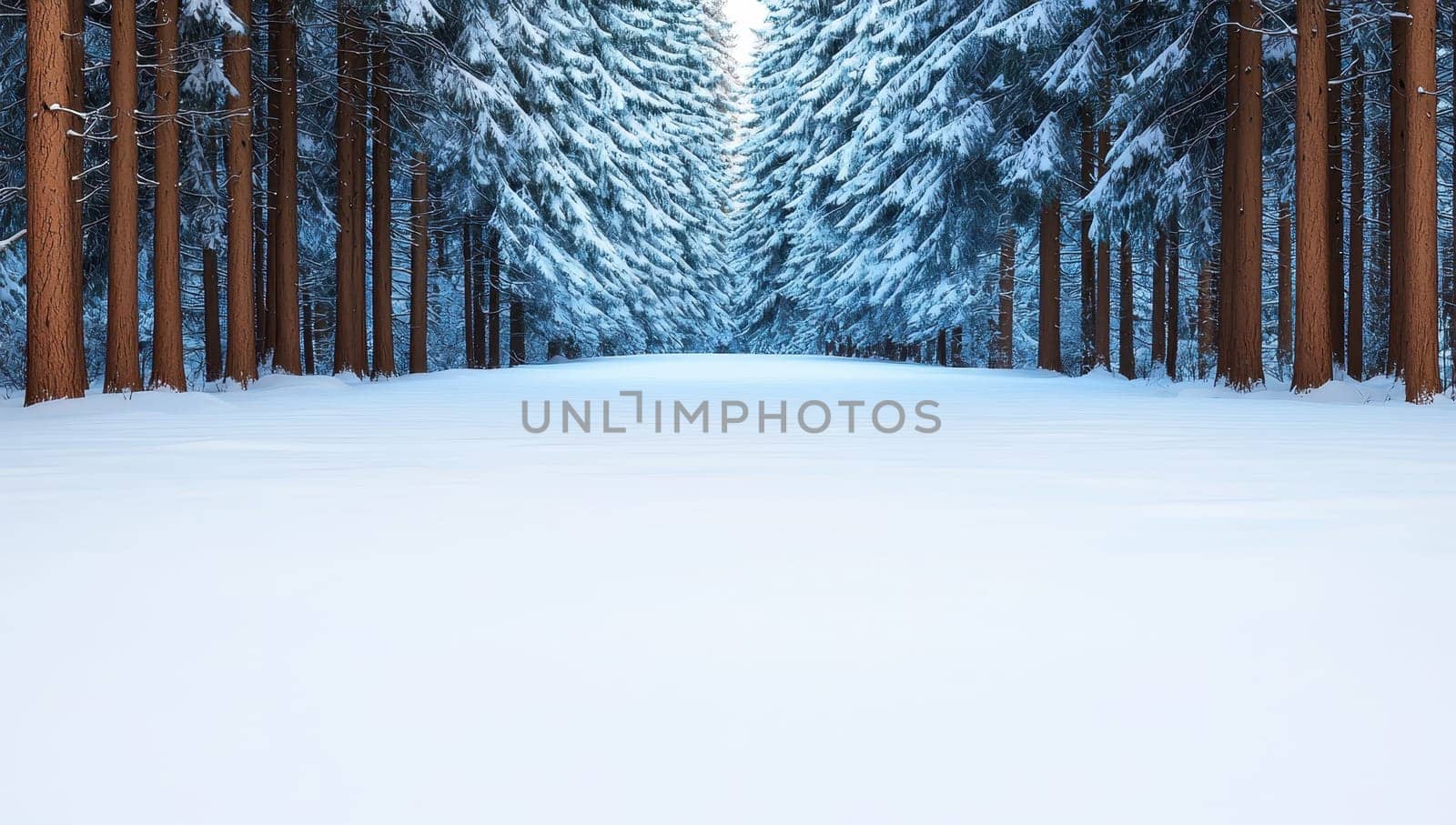 Snowy path through a snow covered forest in winter