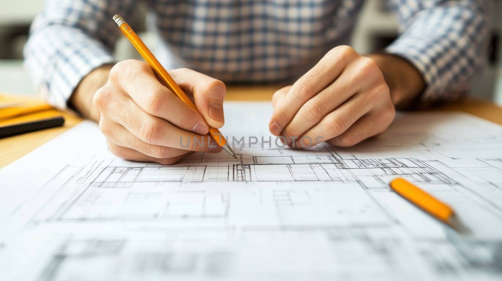 Architect Drawing Blueprint. Construction, Engineering, Design Concept