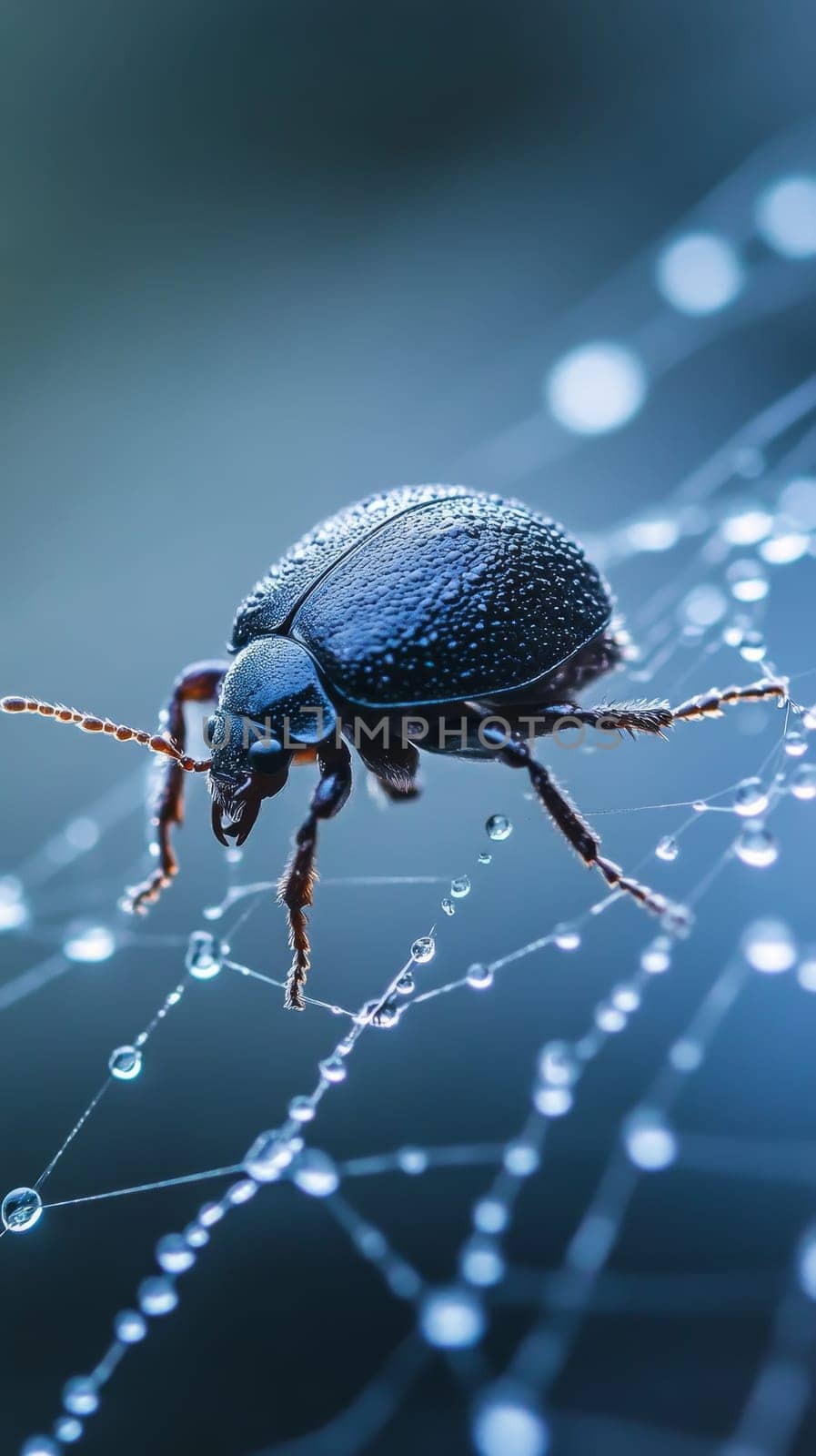 A black beetle perches on a delicate spider web adorned with glistening dewdrops, showcasing nature's intricate beauty and the marvels of miniature ecosystems.