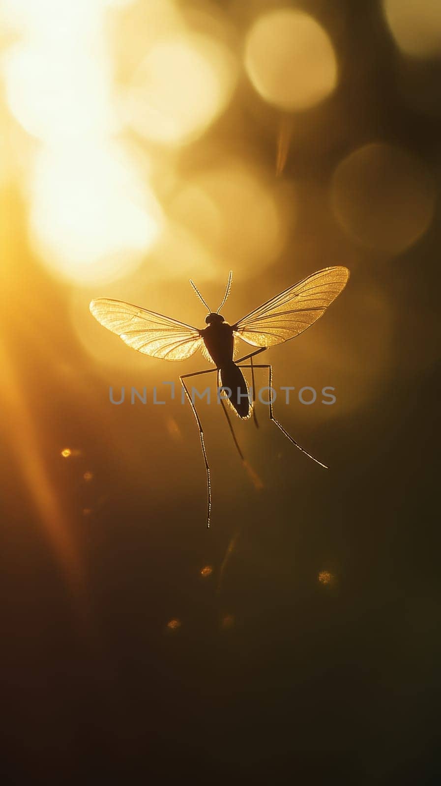 Silhouette of a mosquito against a golden sunset sky, its delicate wings and legs backlit creating an ethereal glow.