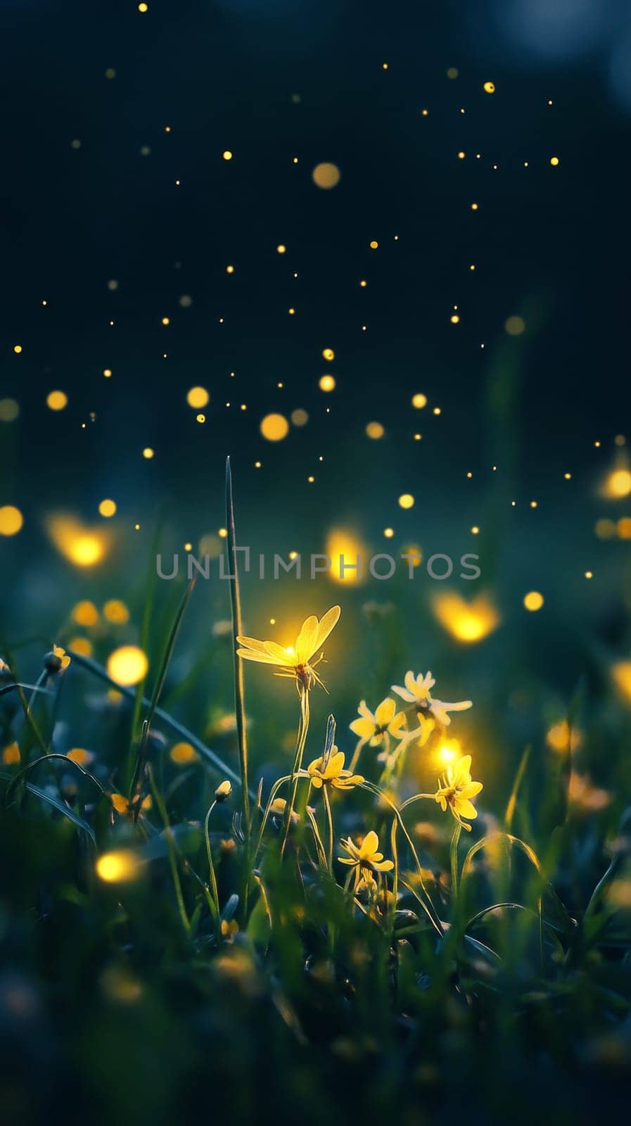 Glowing fireflies illuminate a meadow of delicate yellow flowers against a dusky blue sky, creating an enchanting and ethereal nocturnal scene.