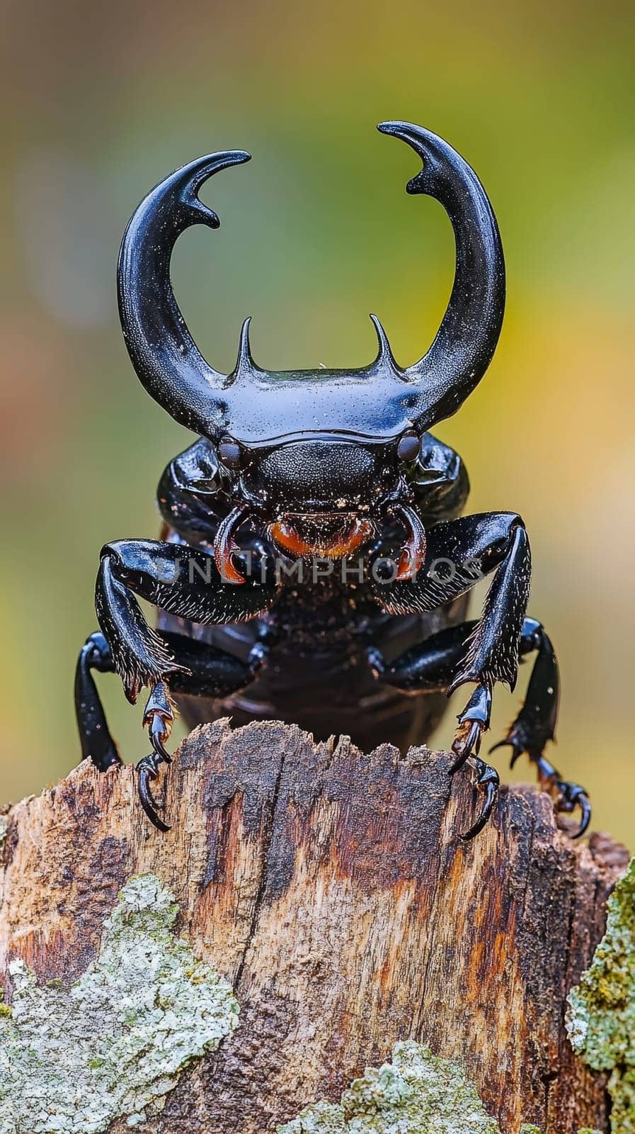 Imposing stag beetle perched on a weathered tree stump, its impressive antler like mandibles and glossy exoskeleton highlighted against a soft focus natural backdrop.