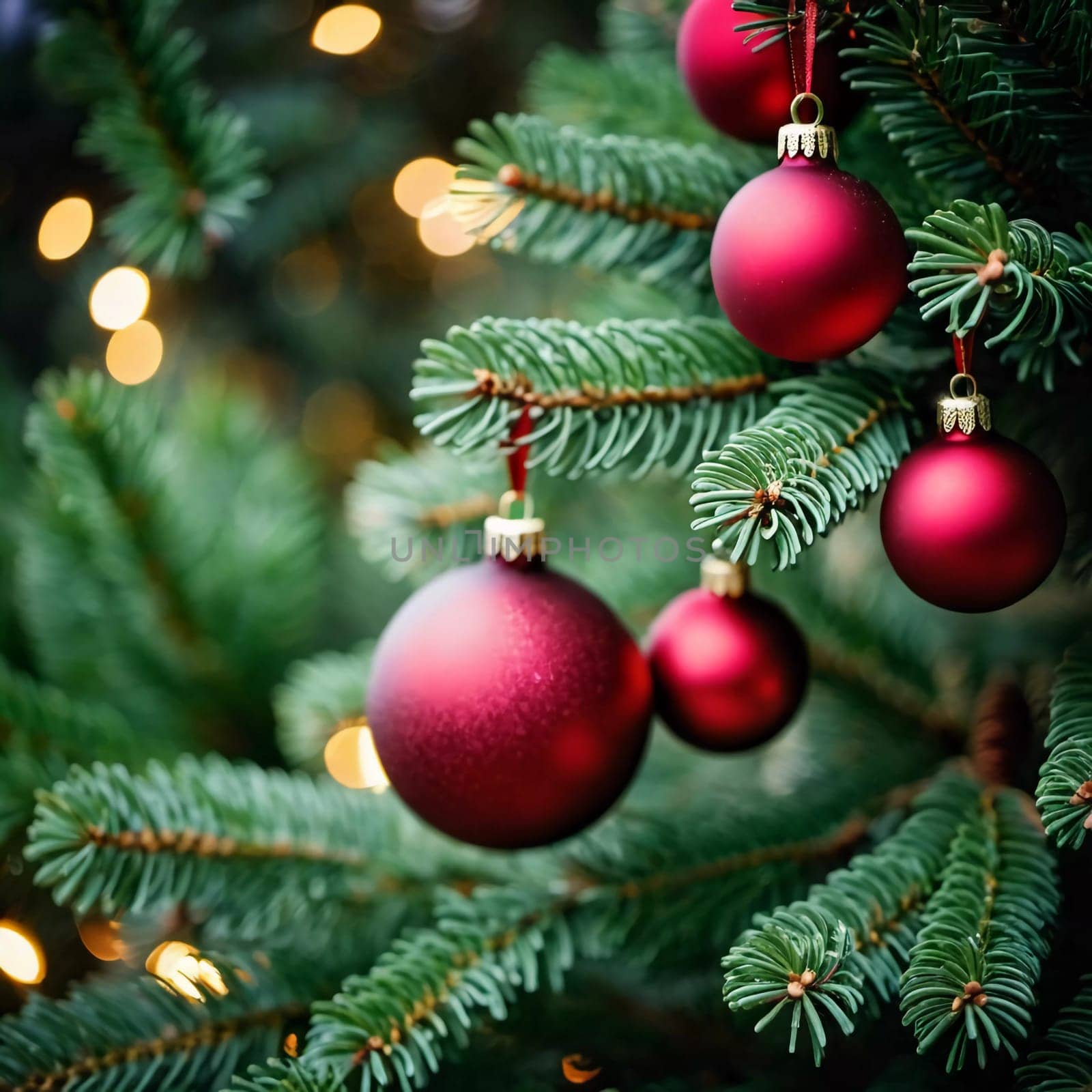 Sparkling ornament balls in vibrant red and gold hang from a lush spruce tree branch. Soft, warm lights twinkle enhancing festive spirit of Christmas. Happy New Year. Anamorphic  bokeh. Generative AI.