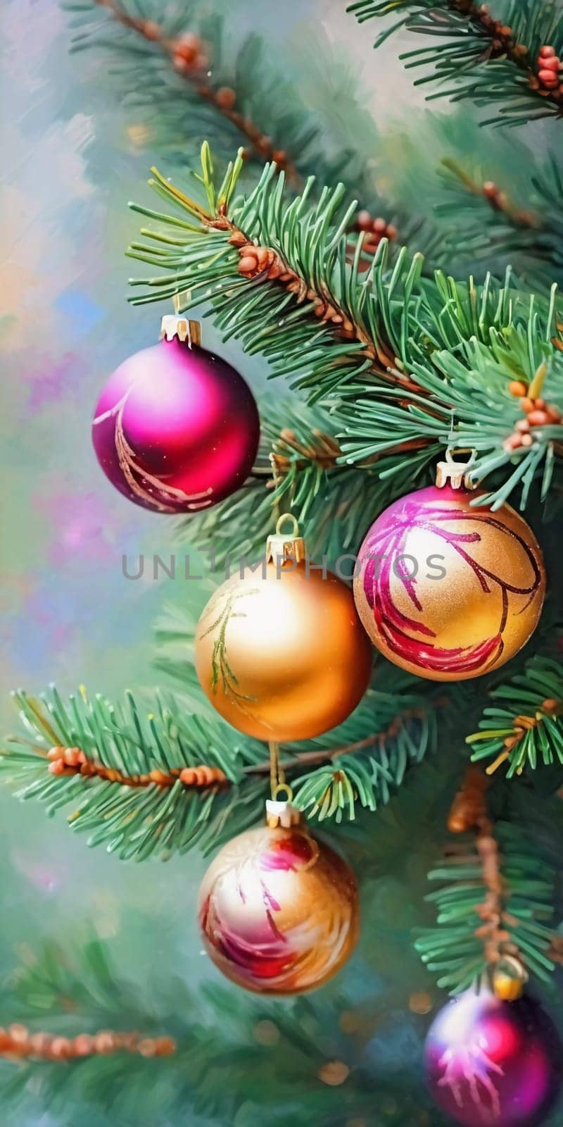 Colorful Christmas decorations adorn the branches of a spruce tree, vibrant balls in shades of red, gold, and pink, embodying holiday cheer in winter. Happy New Year art background. Generative AI.