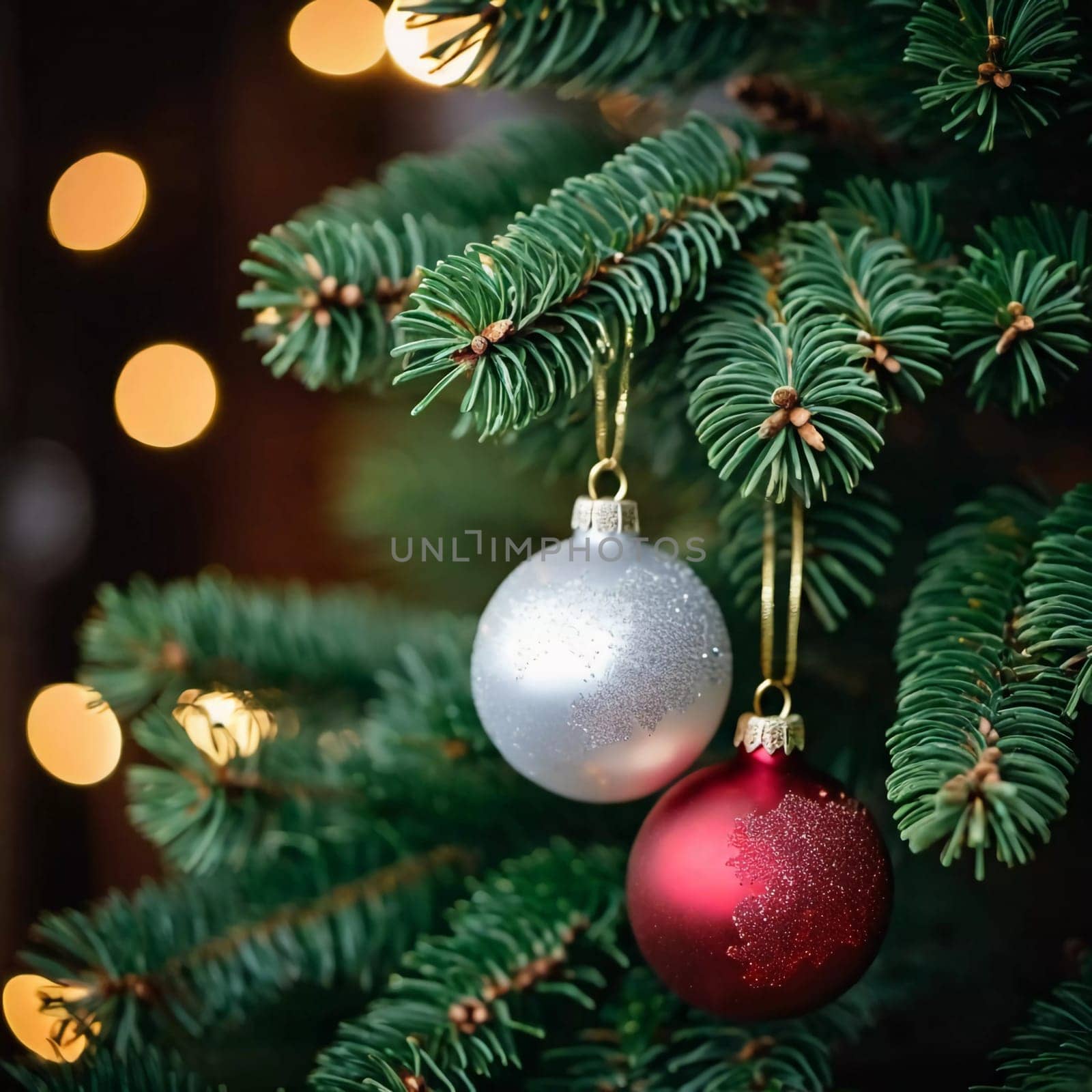Sparkling ornament balls in vibrant red and white hang from a lush spruce tree branch. Soft warm lights twinkle enhancing festive spirit of Christmas. Happy New Year. Anamorphic bokeh. Generative AI.