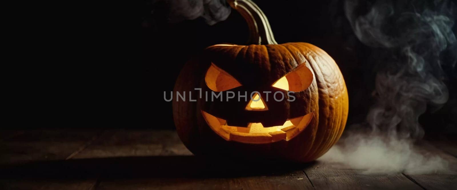 A carved Halloween pumpkin features a menacing face illuminated from within, with smoke curling upward, enhancing the haunting ambiance of the evening. Generative AI.