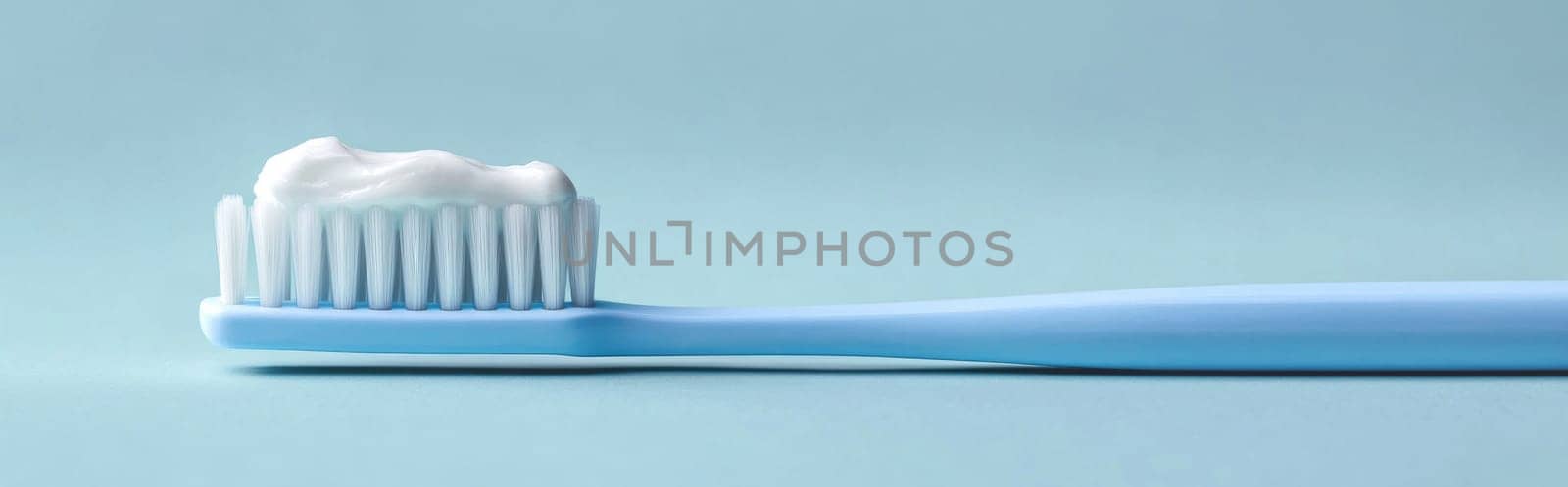 Toothbrush with toothpaste against solid color minimalist background with copy space, AI Generated