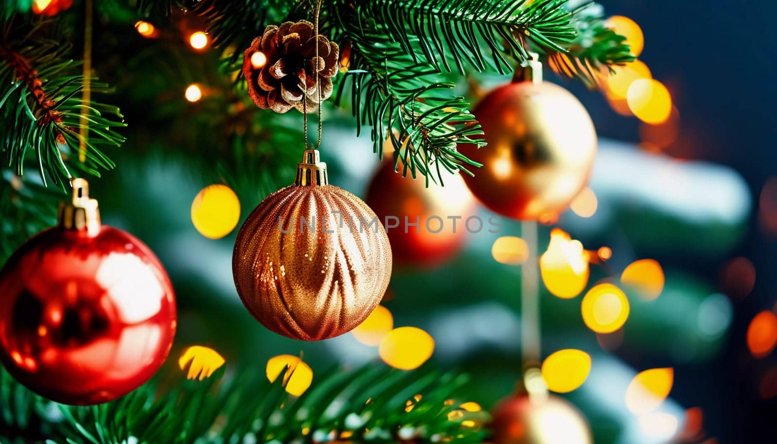 Sparkling ornament balls in vibrant red and gold hang from a lush spruce tree branch. Soft, warm lights twinkle enhancing festive spirit of Christmas. Happy New Year. Anamorphic bokeh. Generative AI.
