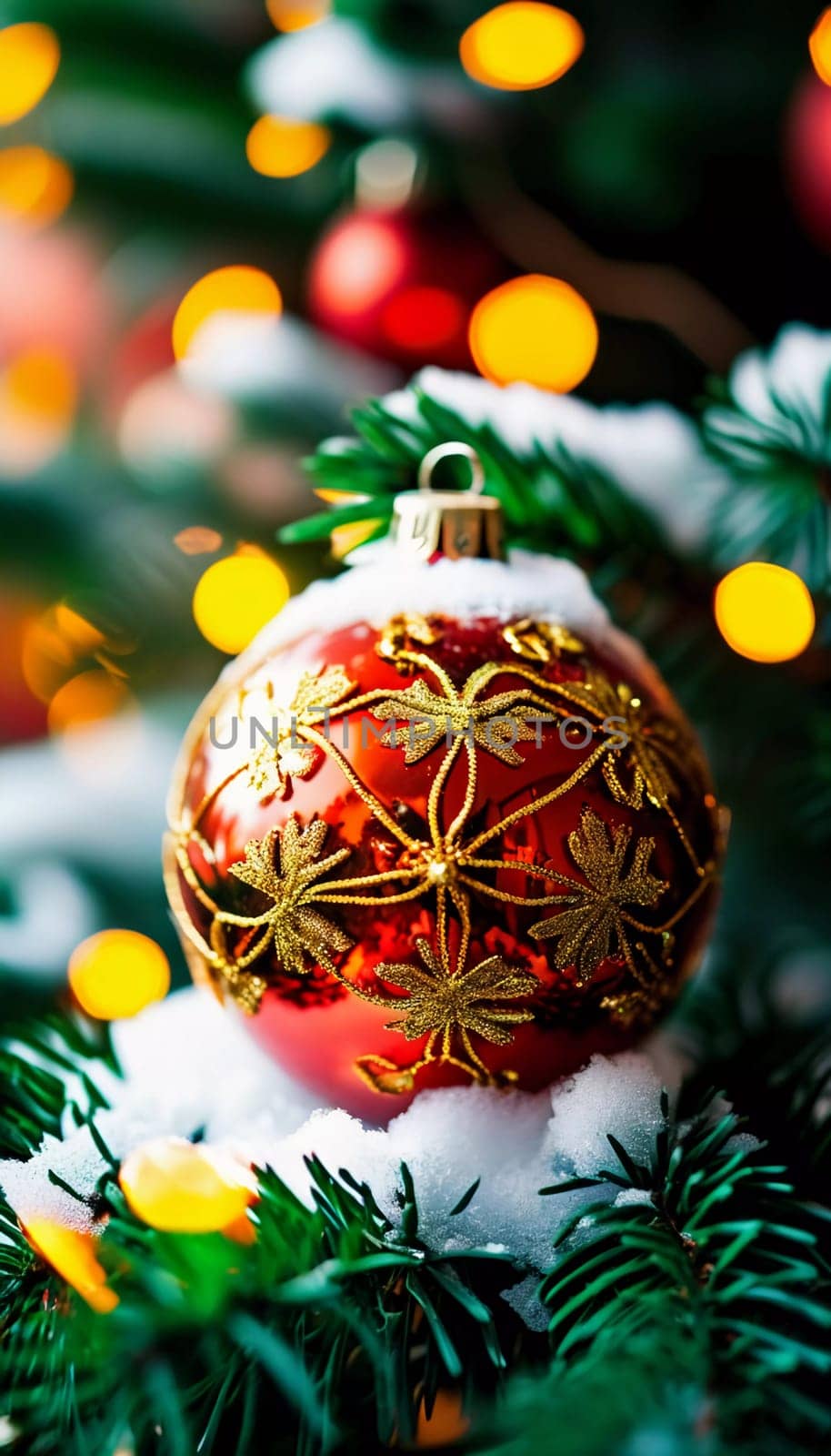 Sparkling ornament balls in vibrant red and gold hang from a lush spruce tree branch. Soft, warm lights twinkle enhancing festive spirit of Christmas. Happy New Year. Anamorphic bokeh. Generative AI.