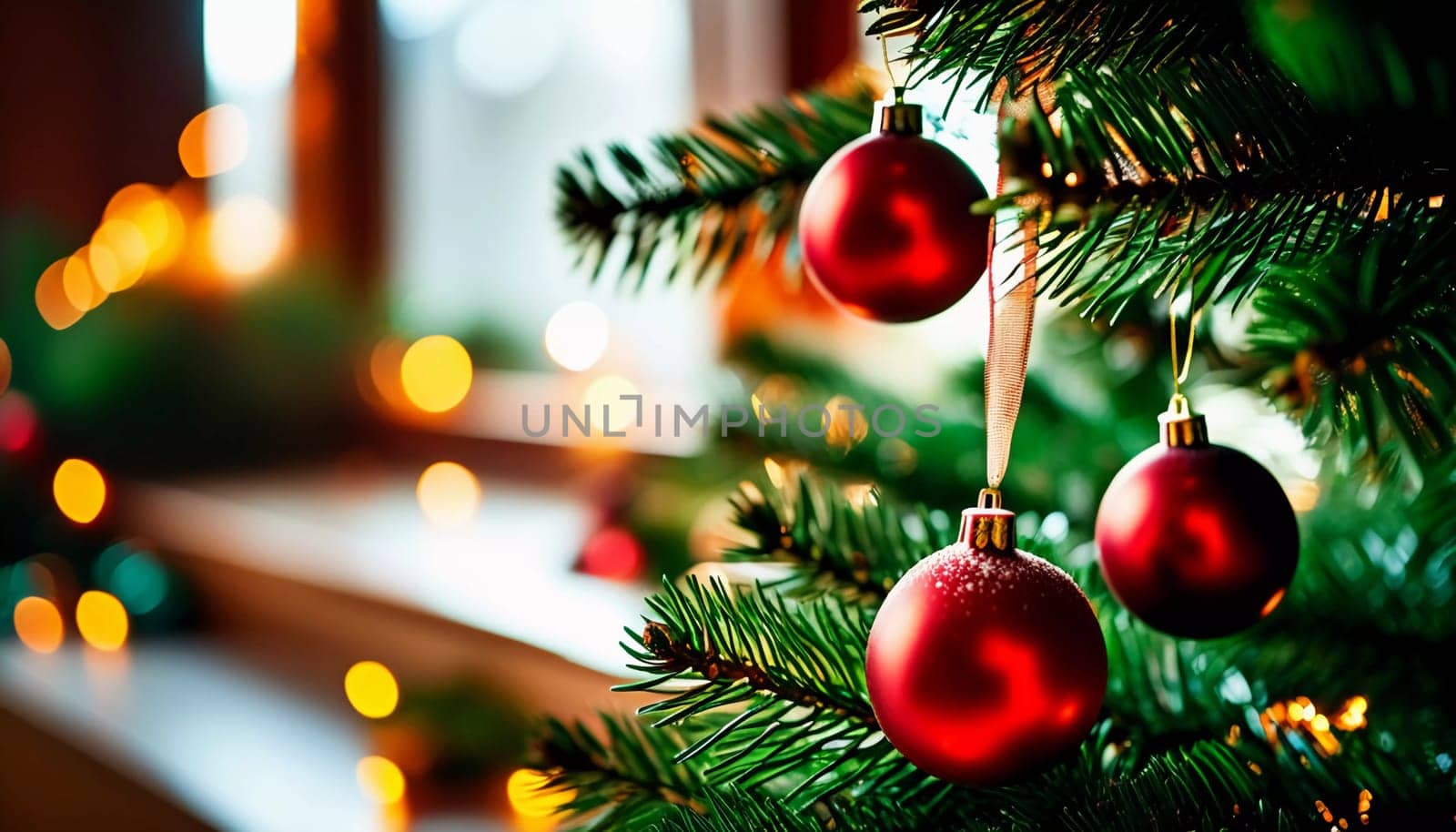 Sparkling ornament balls in vibrant red and gold hang from a lush spruce tree branch. Soft, warm lights twinkle enhancing festive spirit of Christmas. Happy New Year. Anamorphic bokeh. Generative AI.
