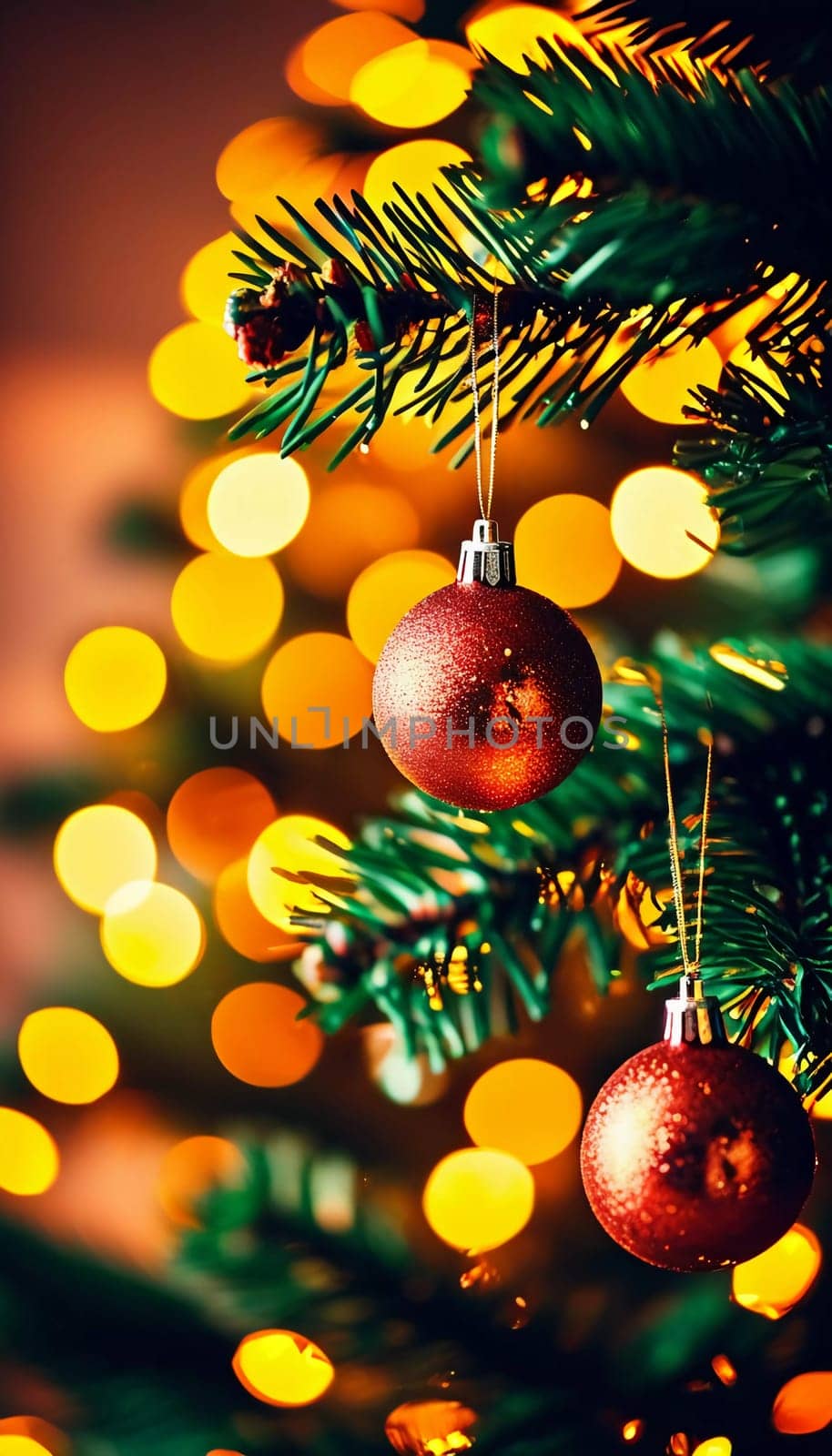 Sparkling ornament balls in vibrant red and gold hang from a lush spruce tree branch. Soft, warm lights twinkle enhancing festive spirit of Christmas. Happy New Year. Anamorphic bokeh. Generative AI.