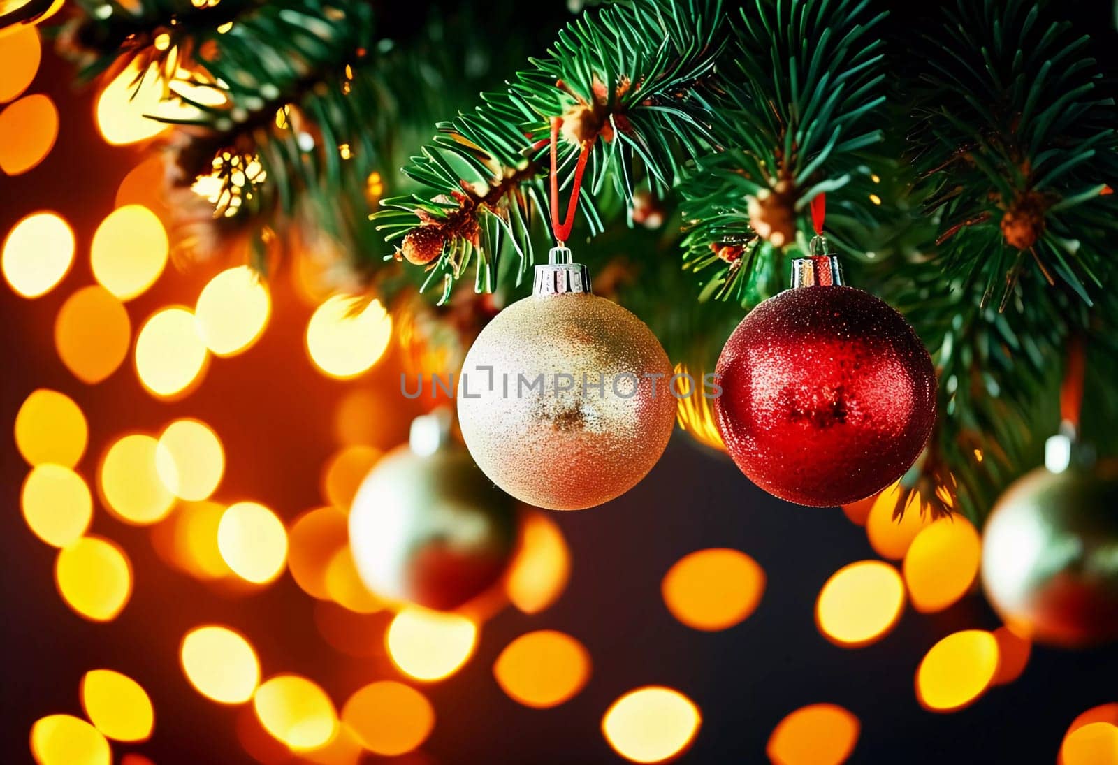 Sparkling ornament balls in vibrant red and gold hang from a lush spruce tree branch. Soft, warm lights twinkle enhancing festive spirit of Christmas. Happy New Year. Anamorphic bokeh. Generative AI.