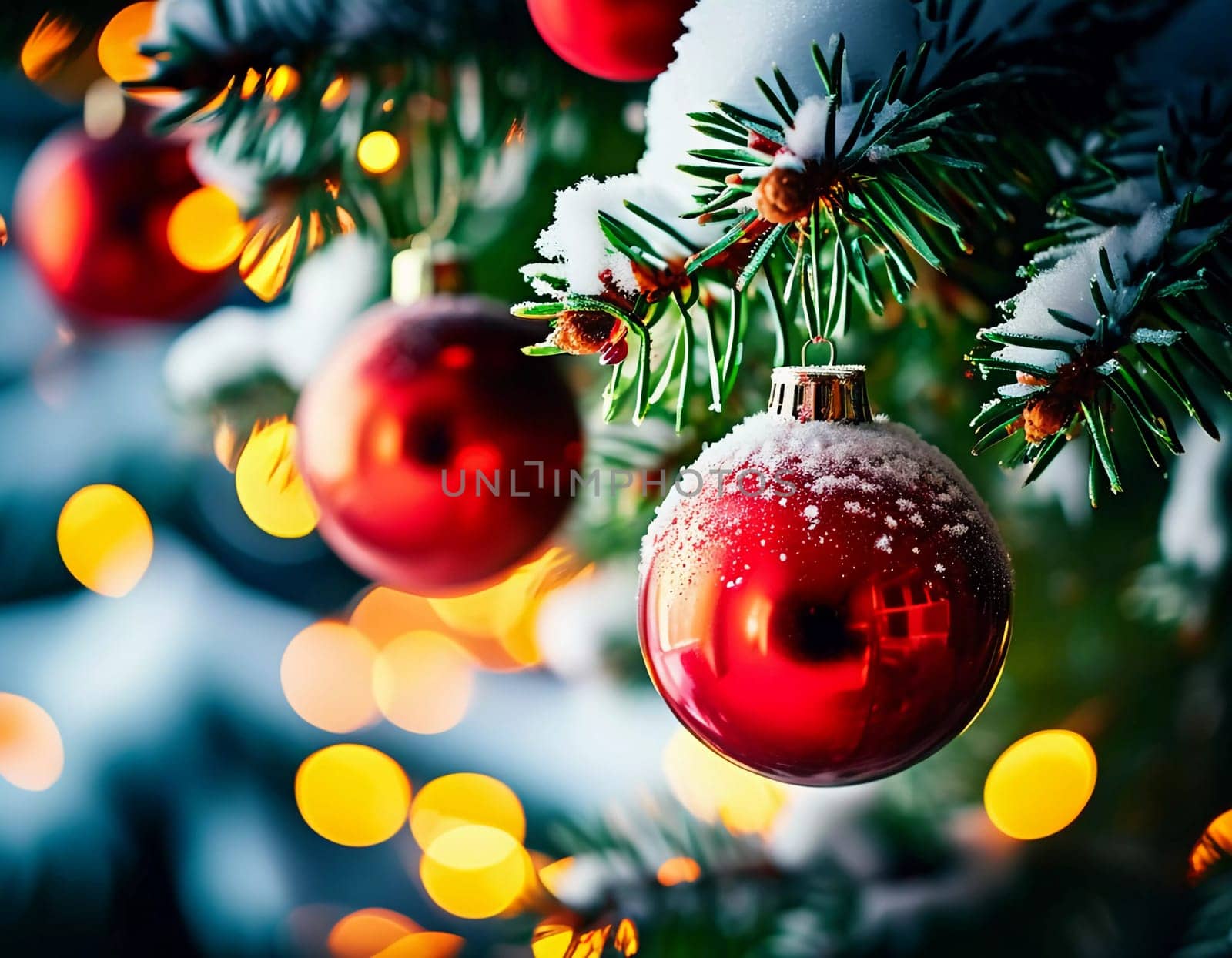 Sparkling ornament balls in vibrant red and gold hang from a lush spruce tree branch. Soft, warm lights twinkle enhancing festive spirit of Christmas. Happy New Year. Anamorphic bokeh. Generative AI.