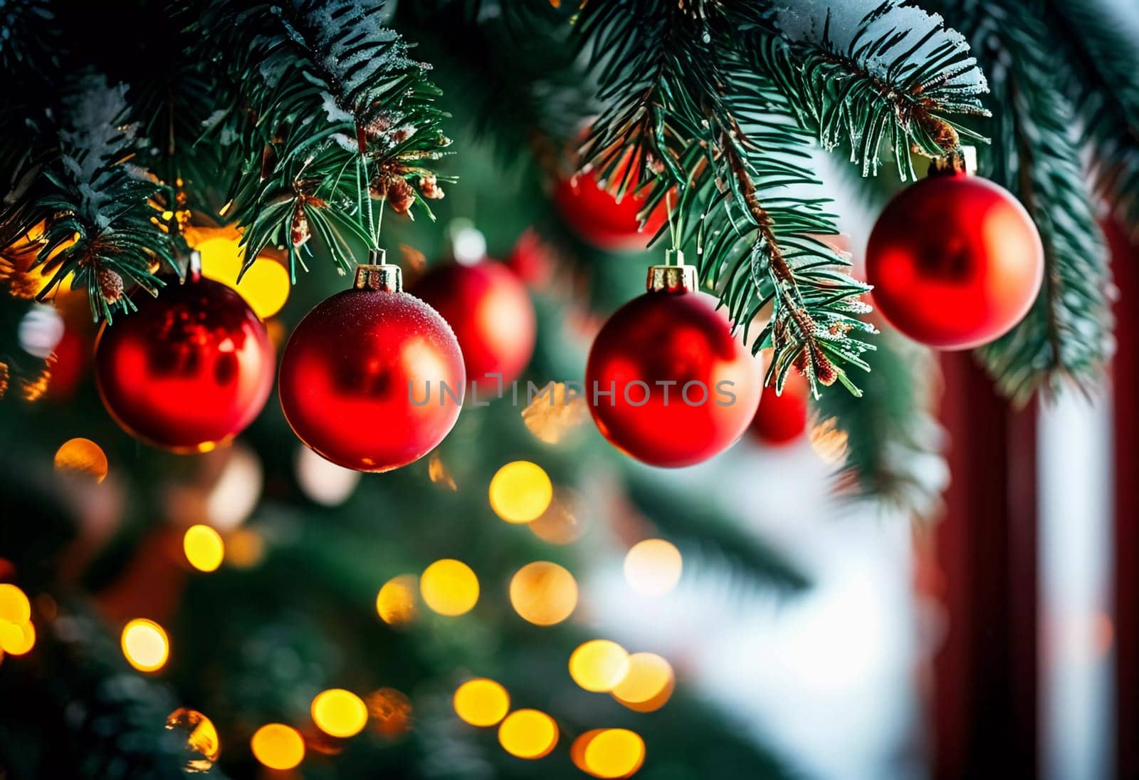 Sparkling ornament balls in vibrant red and gold hang from a lush spruce tree branch. Soft, warm lights twinkle enhancing festive spirit of Christmas. Happy New Year. Anamorphic bokeh. Generative AI.