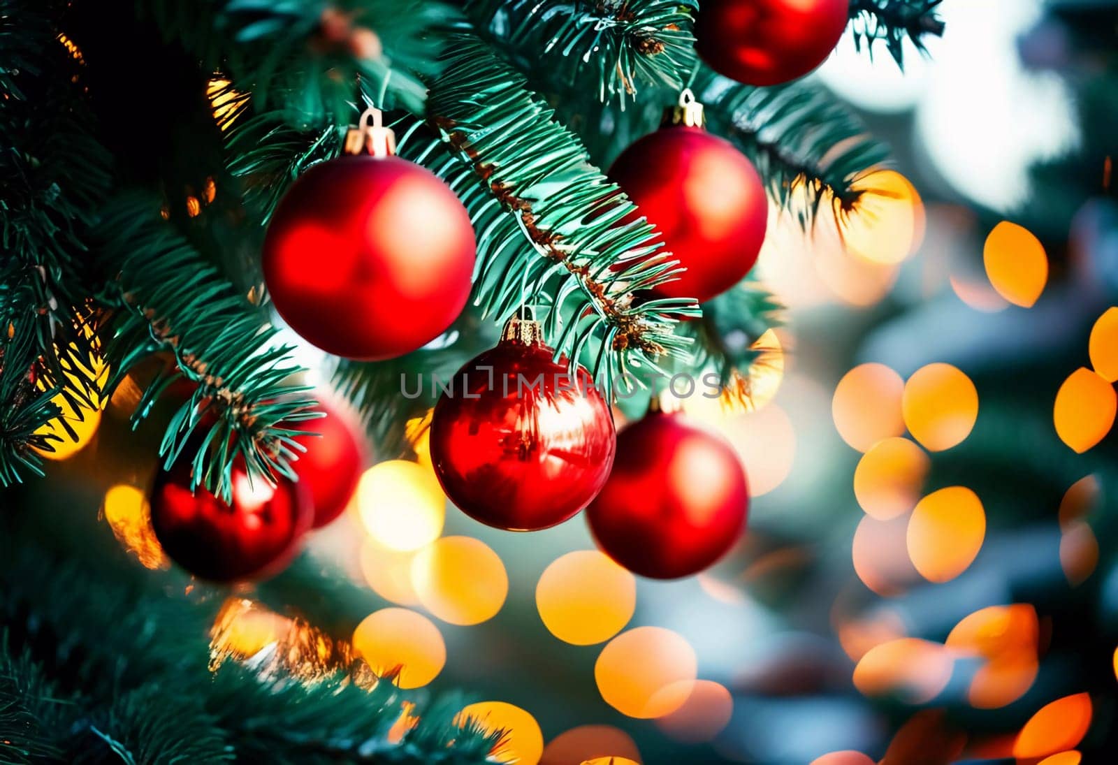 Sparkling ornament balls in vibrant red and gold hang from a lush spruce tree branch. Soft, warm lights twinkle enhancing festive spirit of Christmas. Happy New Year. Anamorphic bokeh. Generative AI.