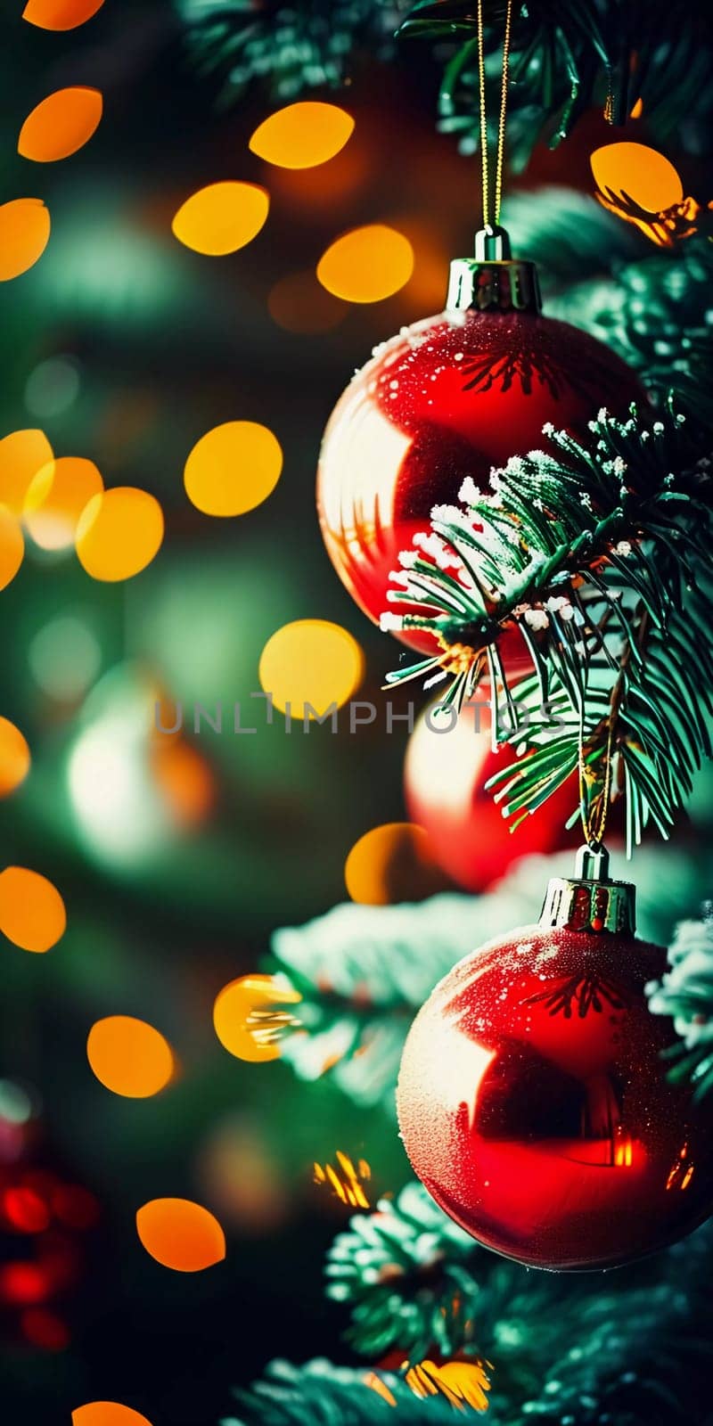 Sparkling ornament balls in vibrant red and gold hang from a lush spruce tree branch. Soft, warm lights twinkle enhancing festive spirit of Christmas. Happy New Year. Anamorphic bokeh. Generative AI.