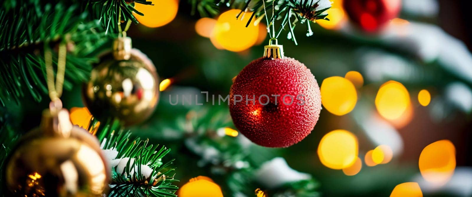 Sparkling ornament balls in vibrant red and gold hang from a lush spruce tree branch. Soft, warm lights twinkle enhancing festive spirit of Christmas. Happy New Year. Anamorphic  bokeh. Generative AI.