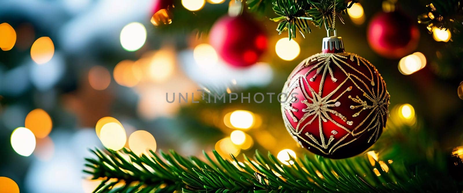 Sparkling ornament balls in vibrant red and gold hang from a lush spruce tree branch. Soft, warm lights twinkle enhancing festive spirit of Christmas. Happy New Year. Anamorphic  bokeh. Generative AI.