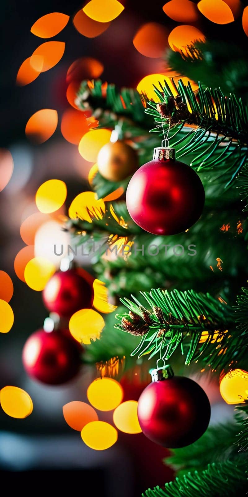 Sparkling ornament balls in vibrant red and gold hang from a lush spruce tree branch. Soft, warm lights twinkle enhancing festive spirit of Christmas. Happy New Year. Anamorphic bokeh. Generative AI.
