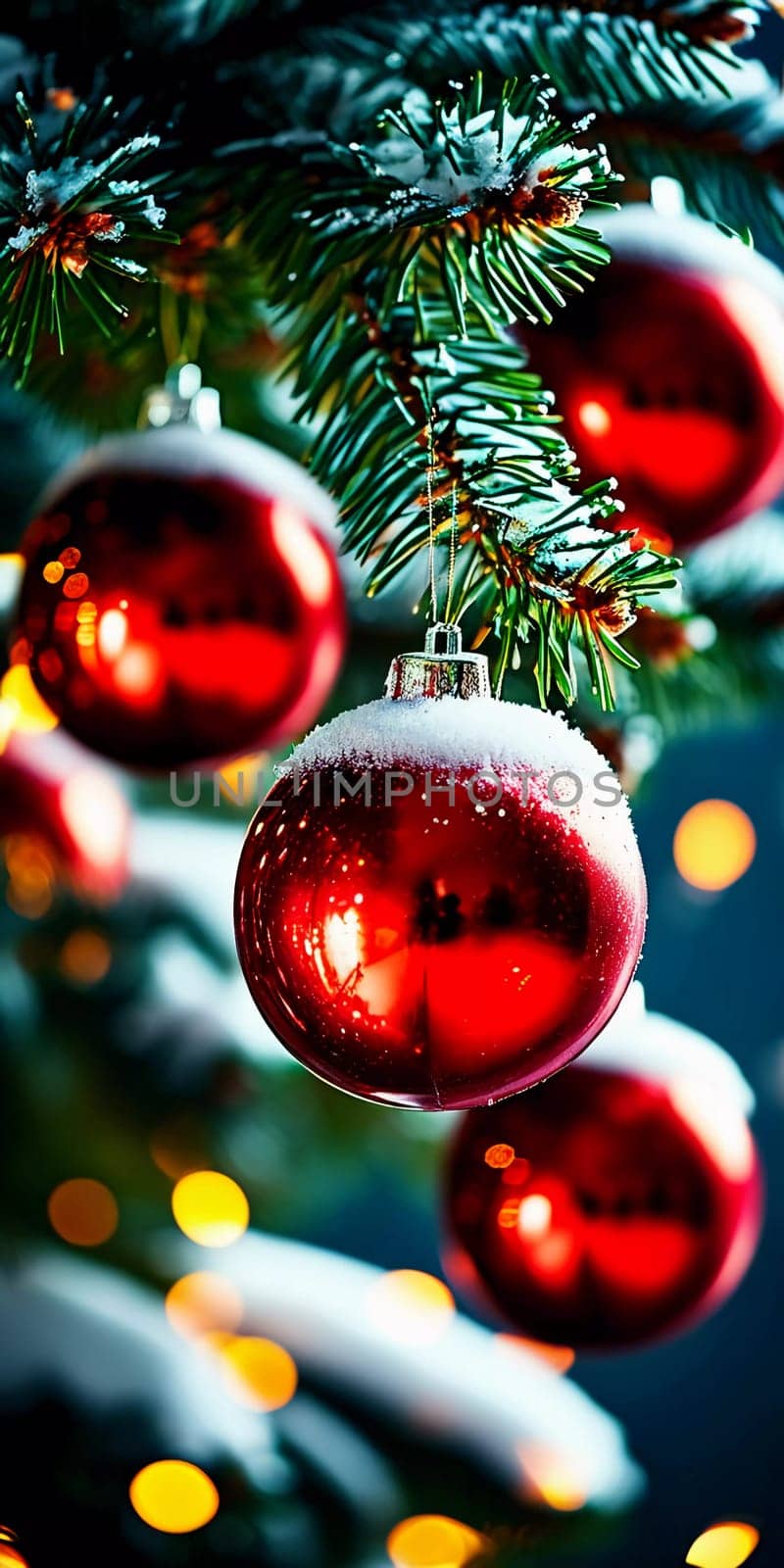 Sparkling ornament balls in vibrant red and gold hang from a lush spruce tree branch. Soft, warm lights twinkle enhancing festive spirit of Christmas. Happy New Year. Anamorphic bokeh. Generative AI.