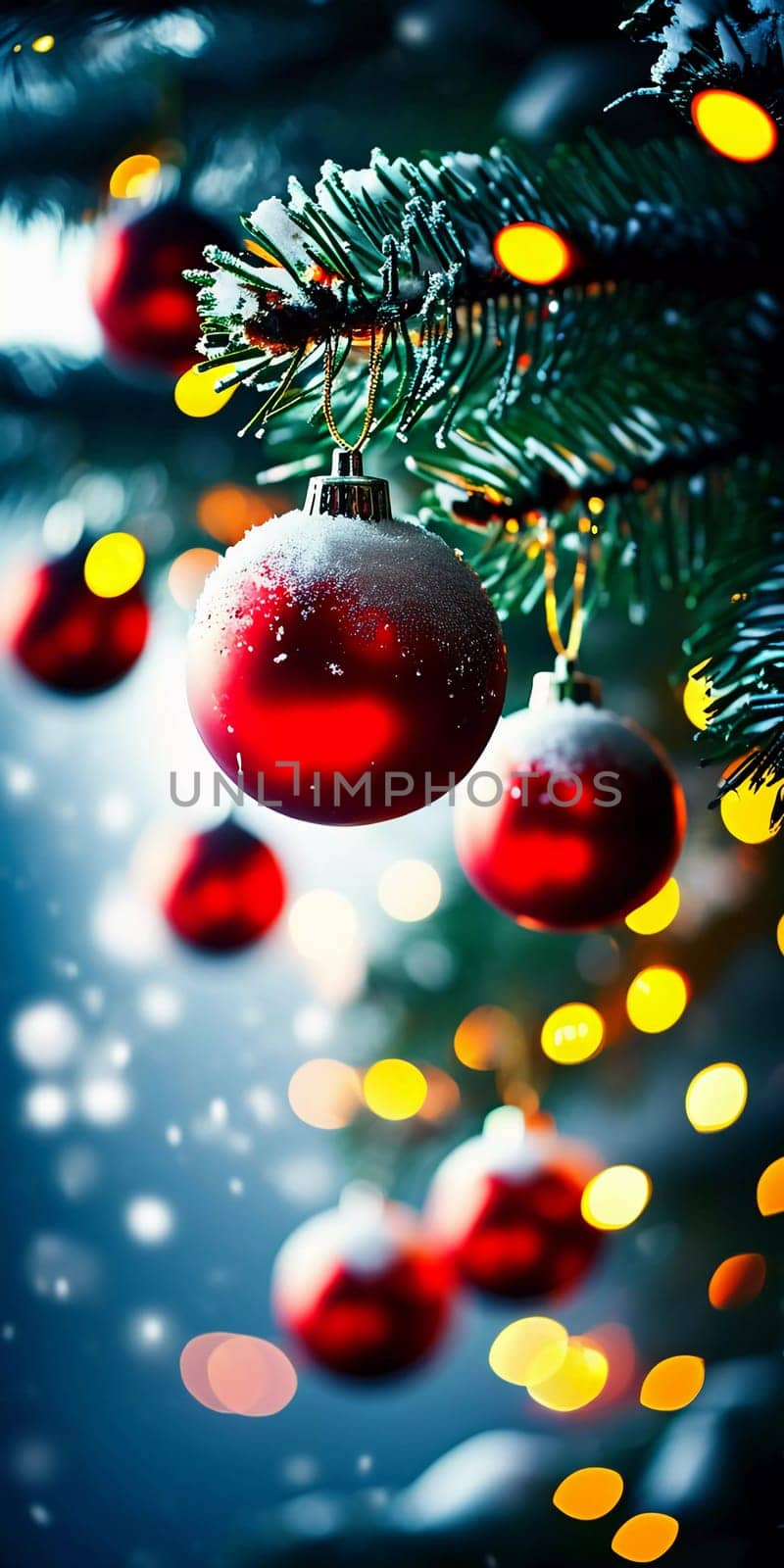 Sparkling ornament balls in vibrant red and gold hang from a lush spruce tree branch. Soft, warm lights twinkle enhancing festive spirit of Christmas. Happy New Year. Anamorphic bokeh. Generative AI.