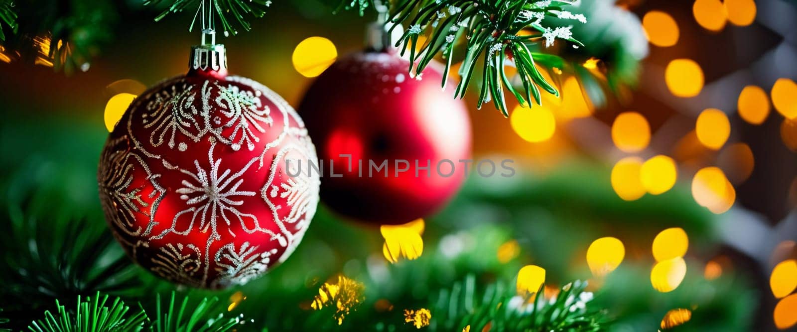 Sparkling ornament balls in vibrant red and gold hang from a lush spruce tree branch. Soft, warm lights twinkle enhancing festive spirit of Christmas. Happy New Year. Anamorphic  bokeh. Generative AI.