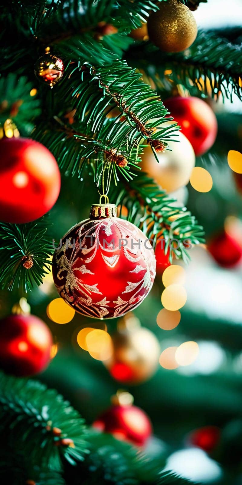 Sparkling ornament balls in vibrant red and gold hang from a lush spruce tree branch. Soft, warm lights twinkle enhancing festive spirit of Christmas. Happy New Year. Anamorphic bokeh. Generative AI.