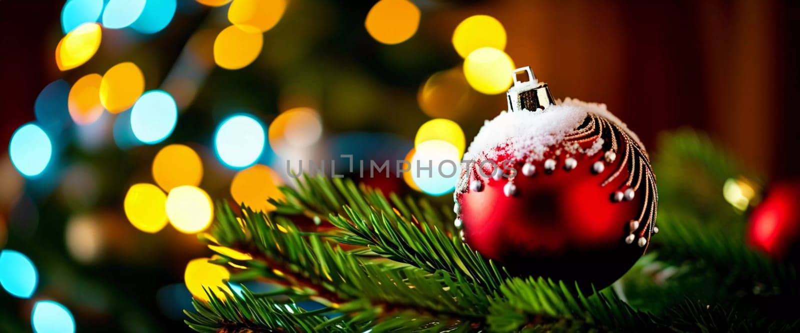 Sparkling ornament balls in vibrant red and gold hang from a lush spruce tree branch. Soft, warm lights twinkle enhancing festive spirit of Christmas. Happy New Year. Anamorphic  bokeh. Generative AI.