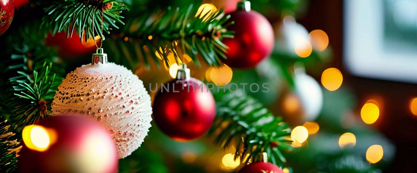 Sparkling ornament balls in vibrant red and gold hang from a lush spruce tree branch. Soft, warm lights twinkle enhancing festive spirit of Christmas. Happy New Year. Anamorphic  bokeh. Generative AI.