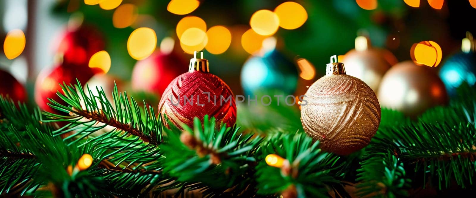 Sparkling ornament balls in vibrant red and gold hang from a lush spruce tree branch. Soft, warm lights twinkle enhancing festive spirit of Christmas. Happy New Year. Anamorphic  bokeh. Generative AI.
